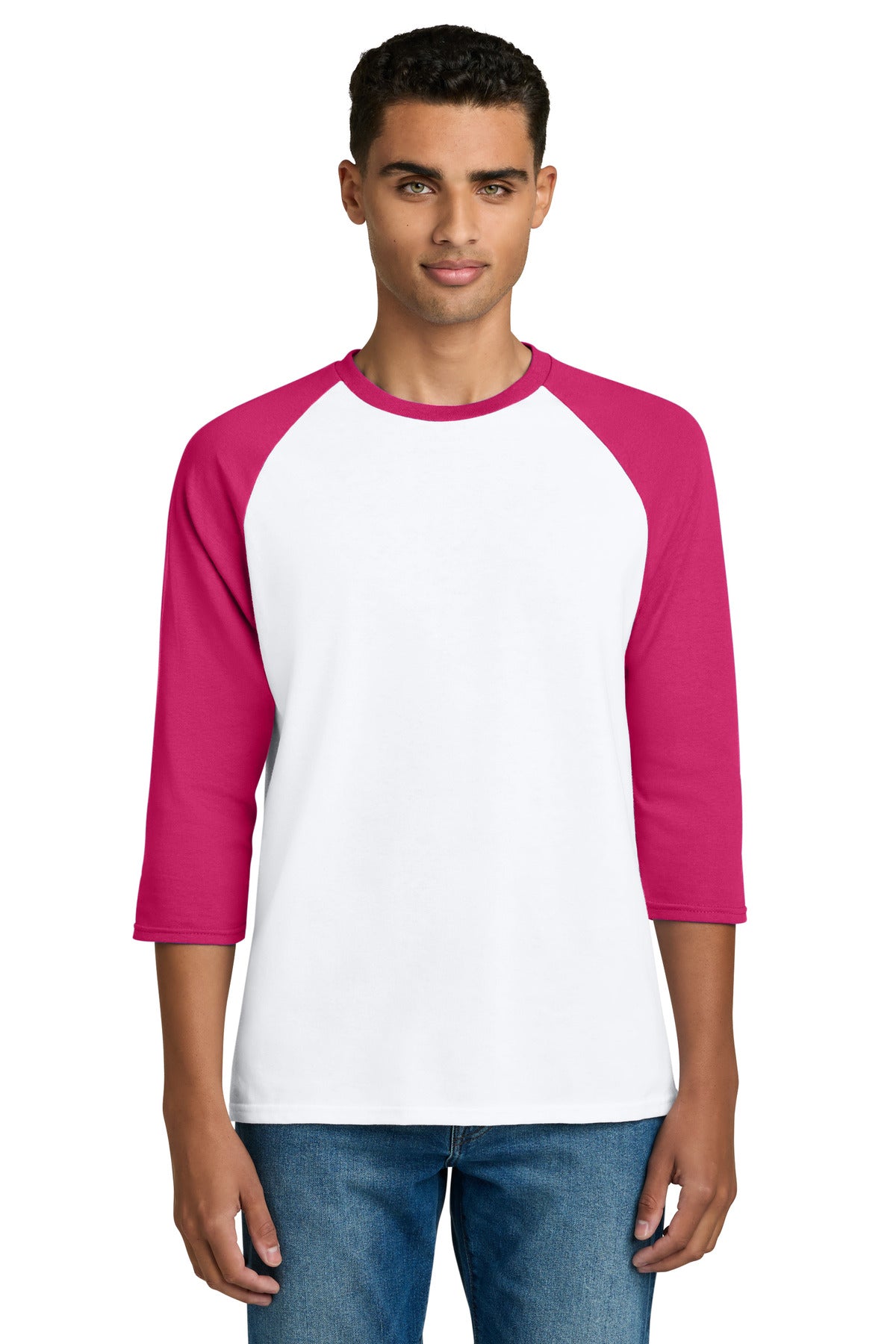 Gildan Heavy Cotton 3/4-Sleeve Raglan T-Shirt. 5700 in White Trim Heliconia