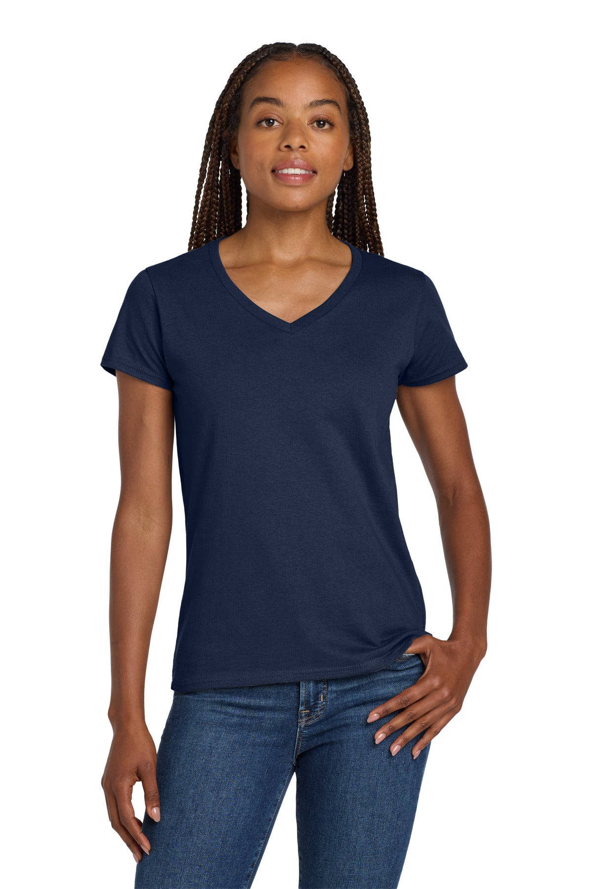 Gildan Women's Heavy Cotton 100% Cotton V-Neck T-Shirt. 5V00L in Navy