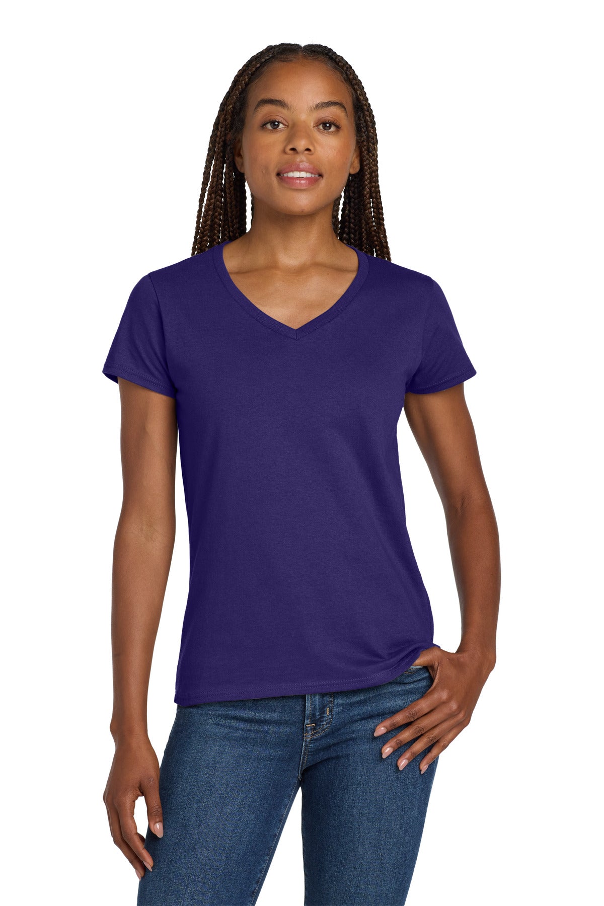 Gildan Women's Heavy Cotton 100% Cotton V-Neck T-Shirt. 5V00L in Purple
