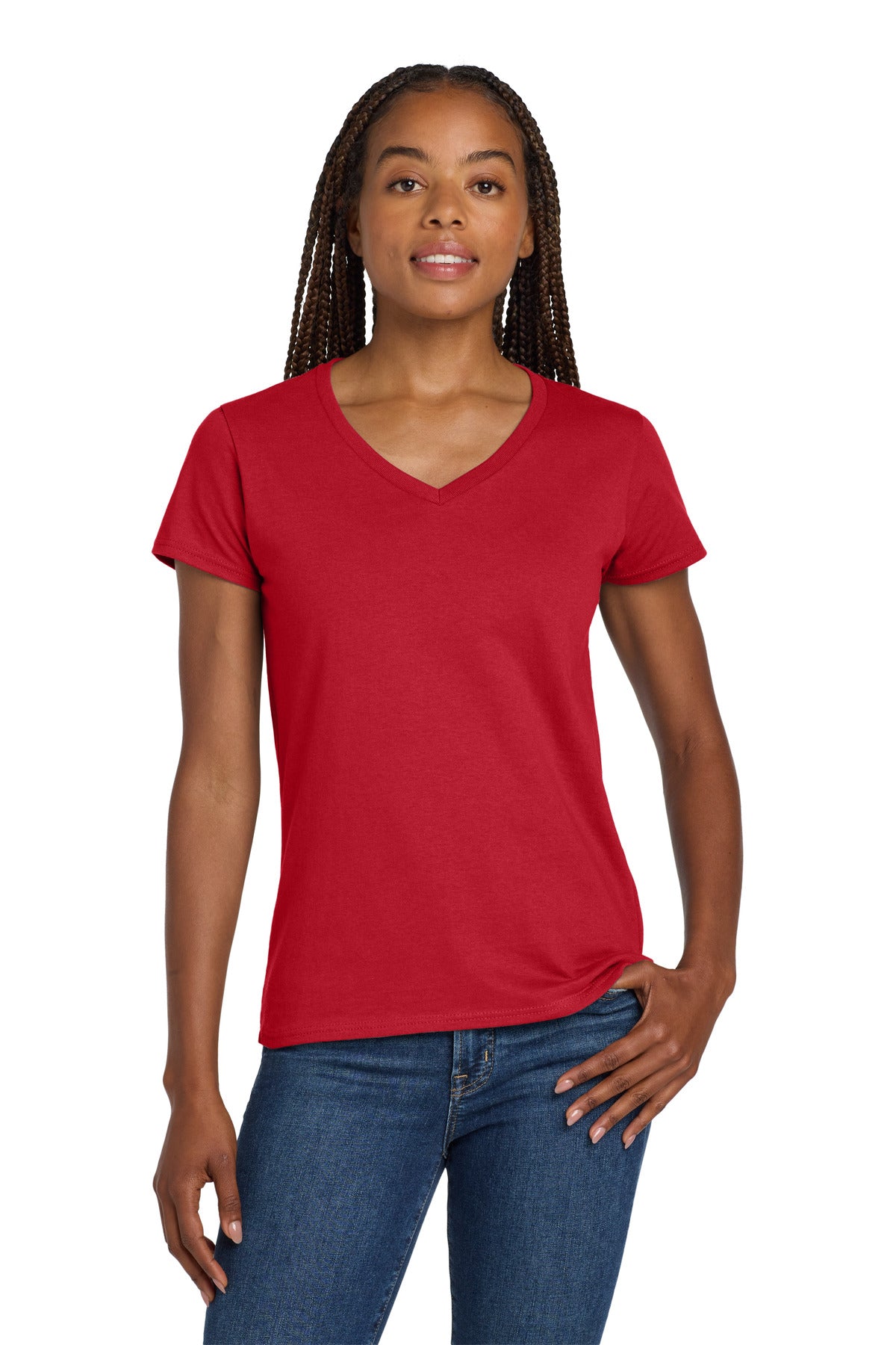 Gildan Women's Heavy Cotton 100% Cotton V-Neck T-Shirt. 5V00L in Red