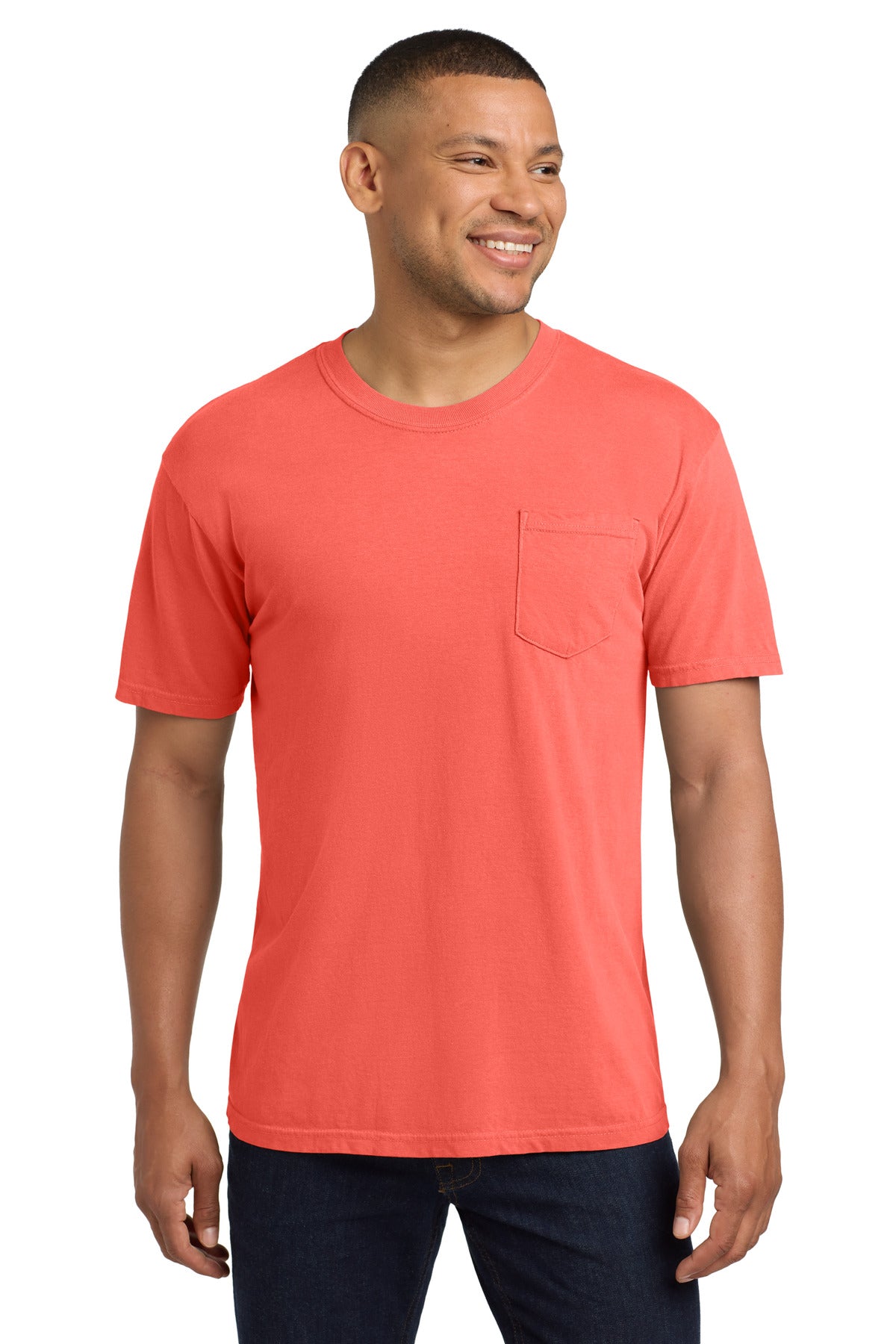 COMFORT COLORS  Heavyweight Ring Spun Pocket Tee. 6030 in Neon Red Orange