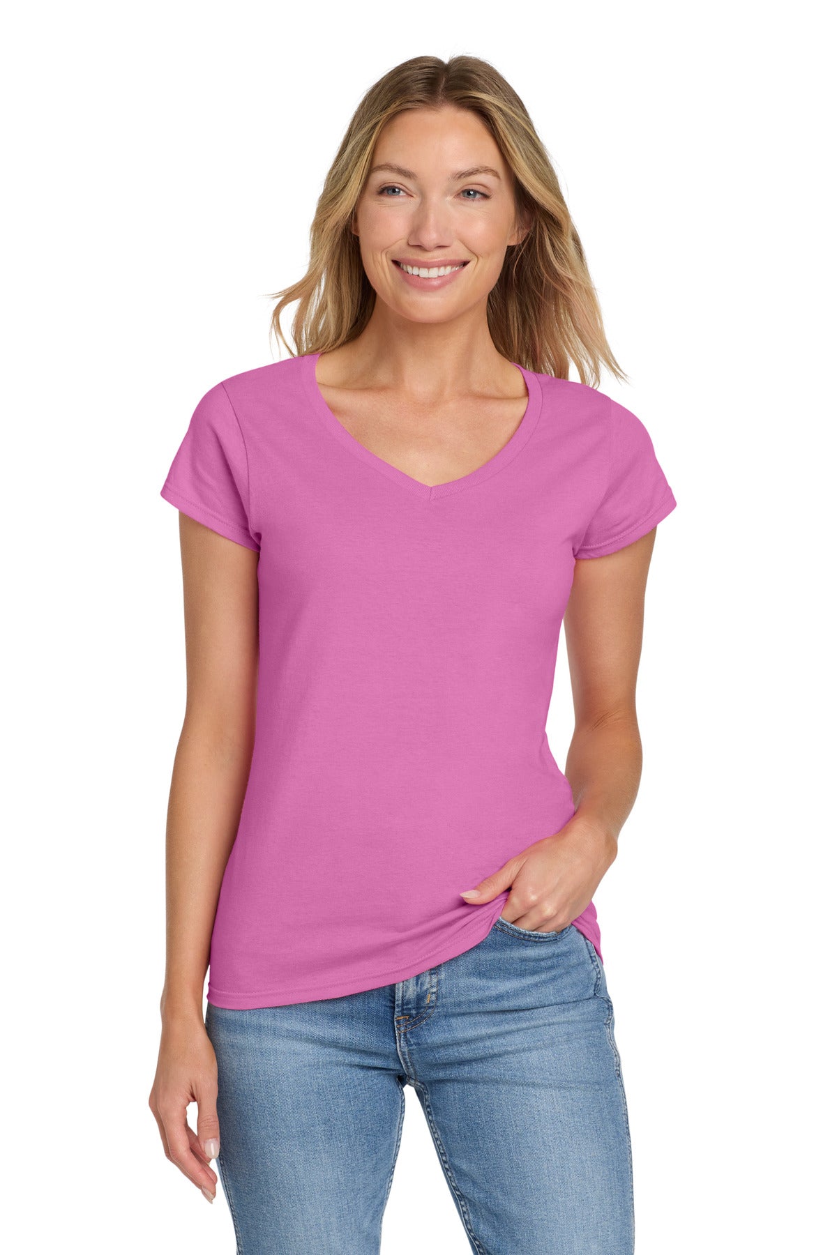 Gildan Softstyle Women's Fit V-Neck T-Shirt. 64V00L in Azalea