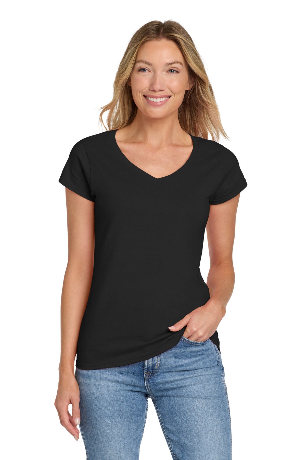 Gildan Softstyle Women's Fit V-Neck T-Shirt. 64V00L in Black