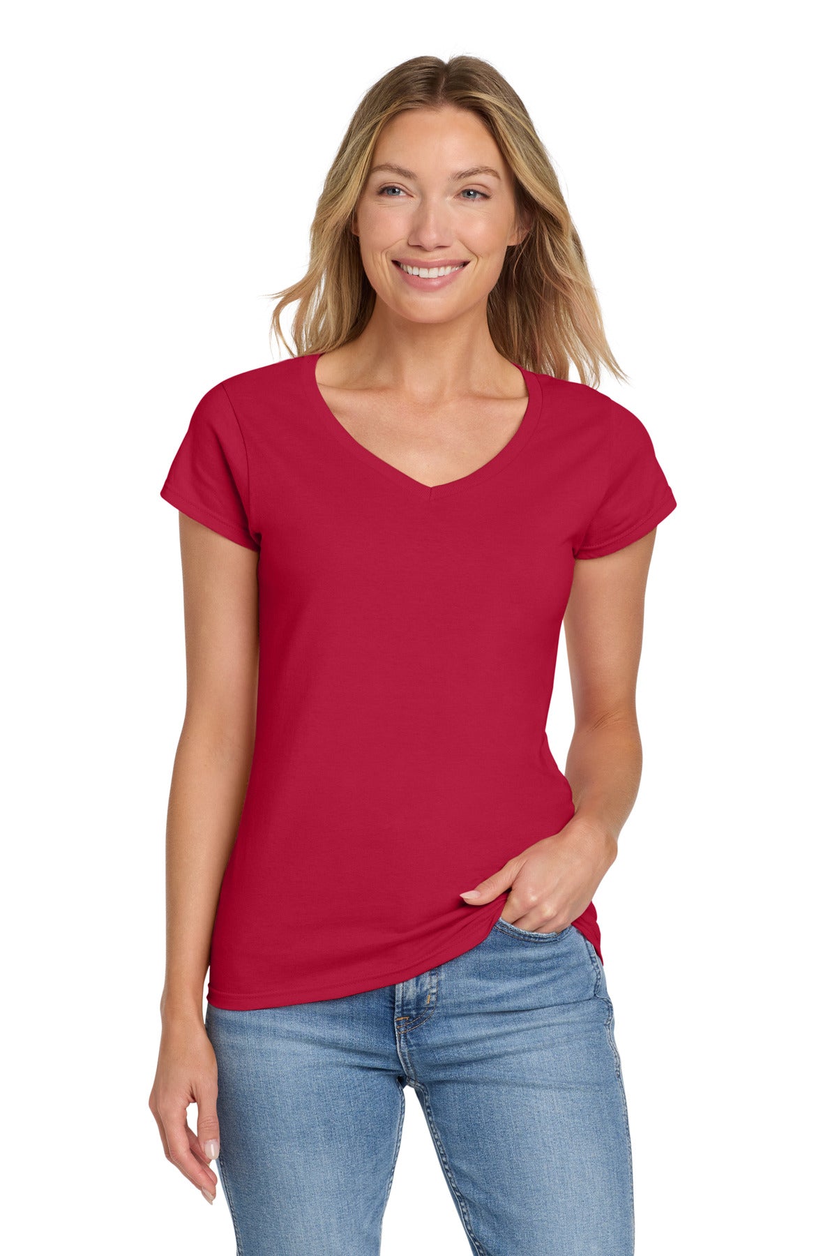 Gildan Softstyle Women's Fit V-Neck T-Shirt. 64V00L in Cherry Red
