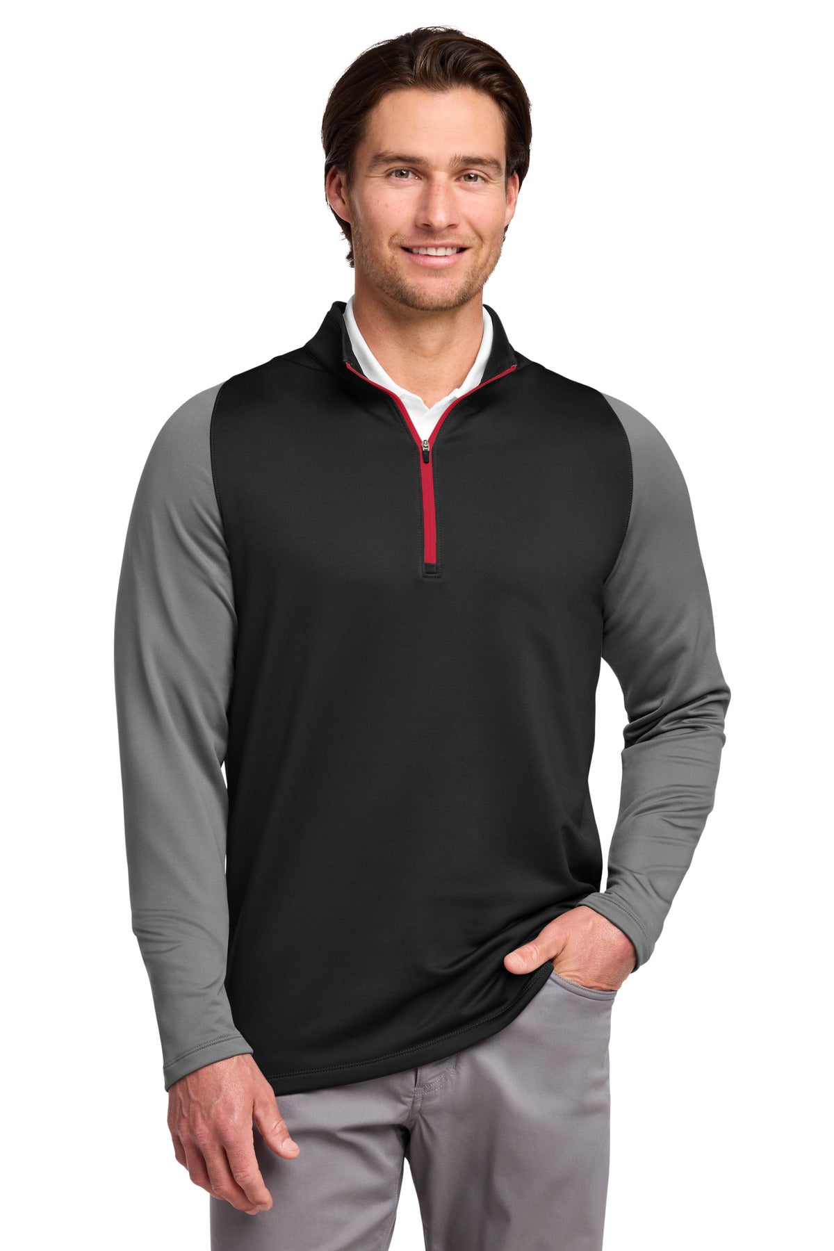 Nike Dri-FIT Stretch 1/2-Zip Cover-Up. 779795 in Black/ Dark Grey/ Gym Red