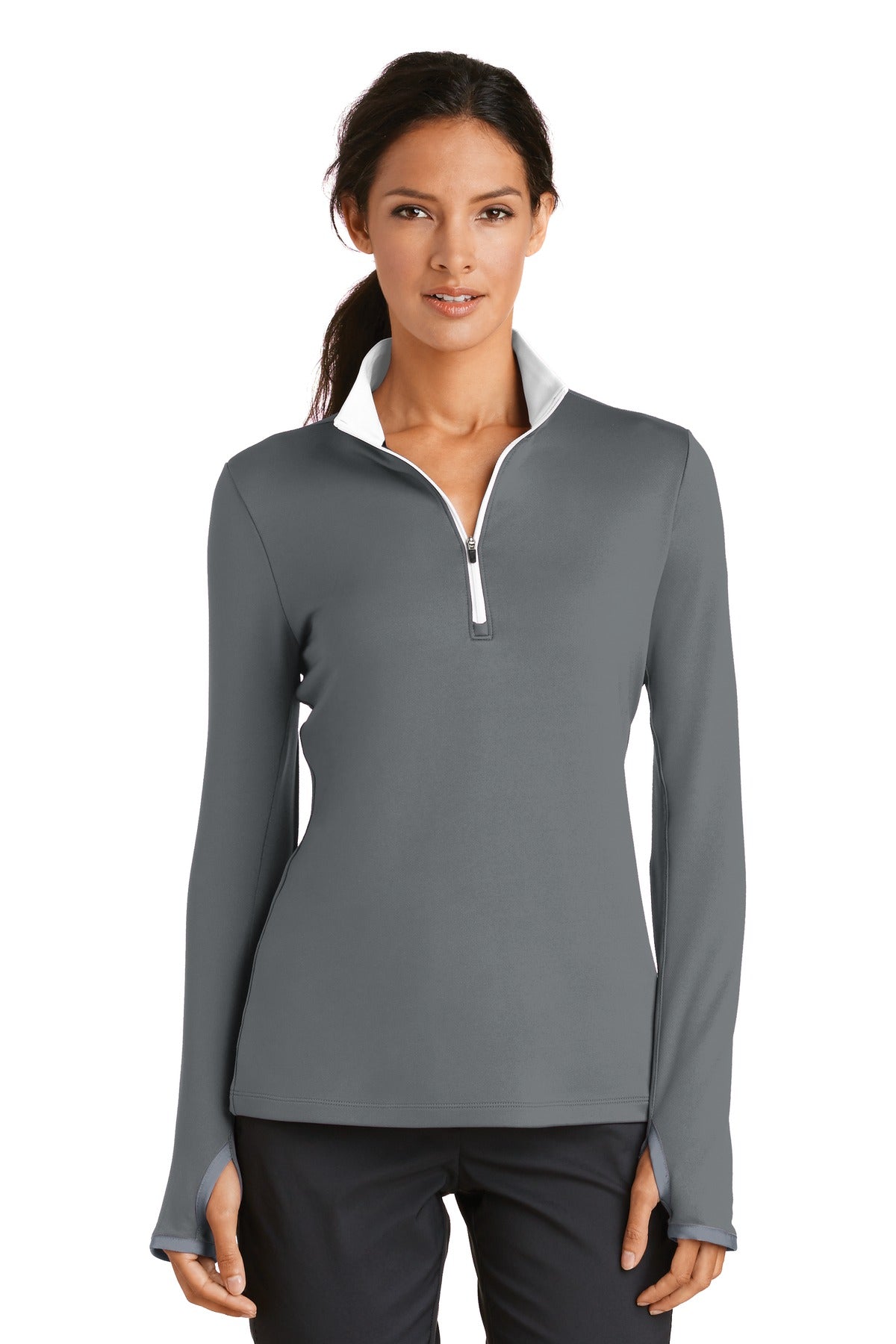 Nike Women's Dri-FIT Stretch 1/2-Zip Cover-Up. 779796 in Dark Grey/ White