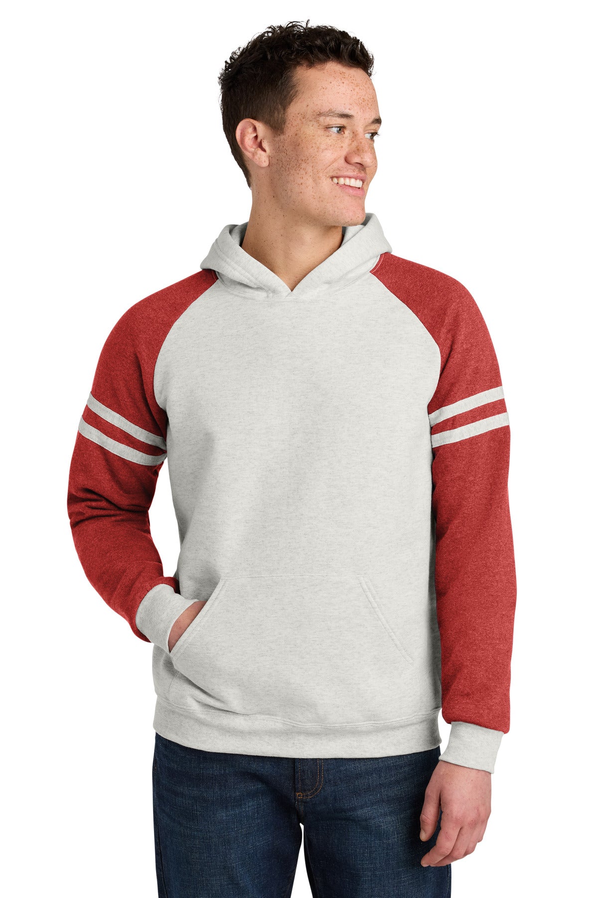 Jerzees Unisex NuBlend Varsity Colorblock Hooded Sweatshirt 97C in Oatmeal Heather/ Fiery Red Heather