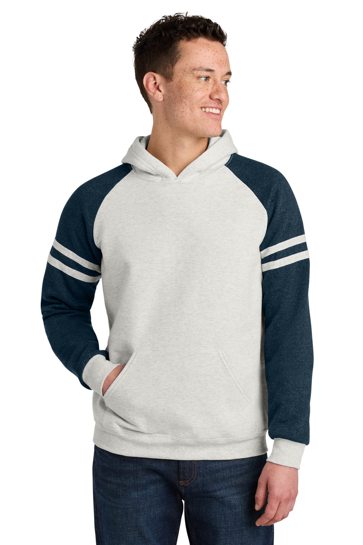 Jerzees Unisex NuBlend Varsity Colorblock Hooded Sweatshirt 97C in Oatmeal Heather/ Indigo Heather
