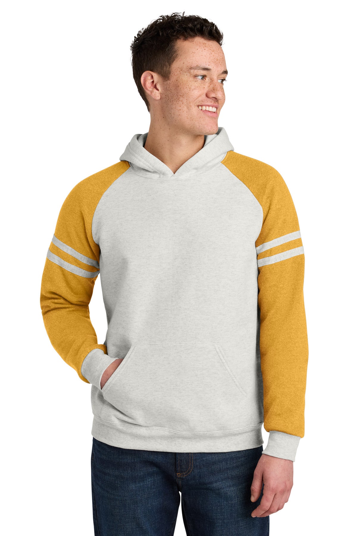 Jerzees Unisex NuBlend Varsity Colorblock Hooded Sweatshirt 97C in Oatmeal Heather/ Mustard Heather