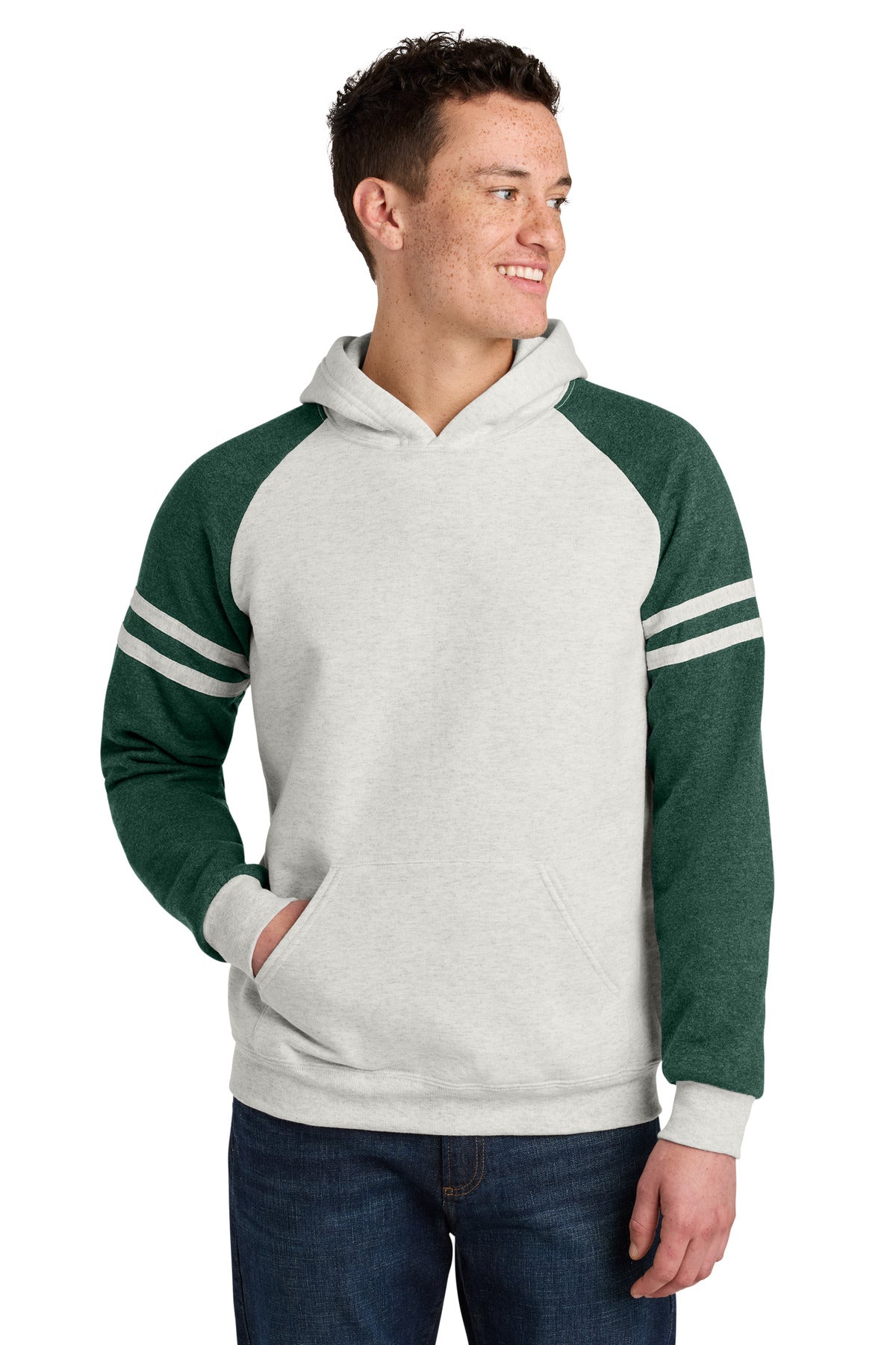 Jerzees Unisex NuBlend Varsity Colorblock Hooded Sweatshirt 97C in Oatmeal Heather/ Forest Green Heather