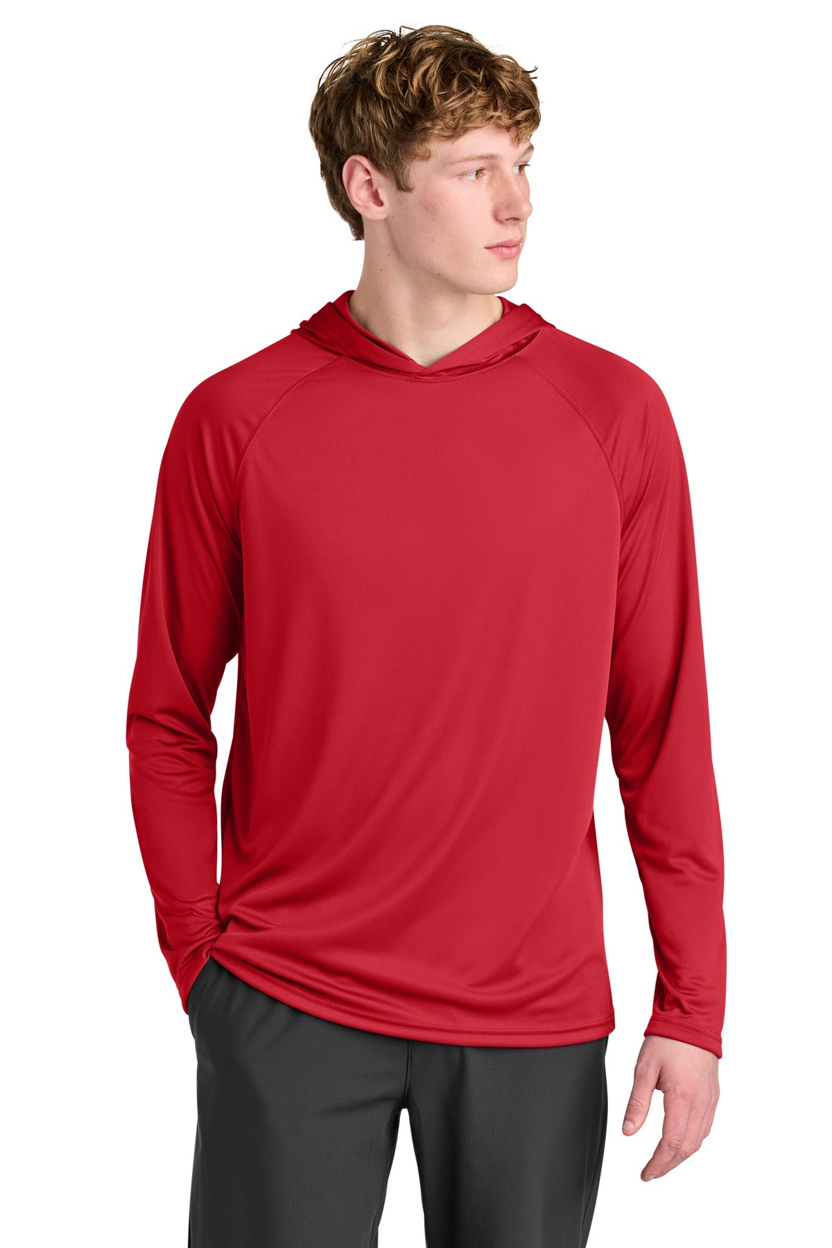 A4 Cooling Performance Long Sleeve Hooded Tee A4N3409 in Scarlet