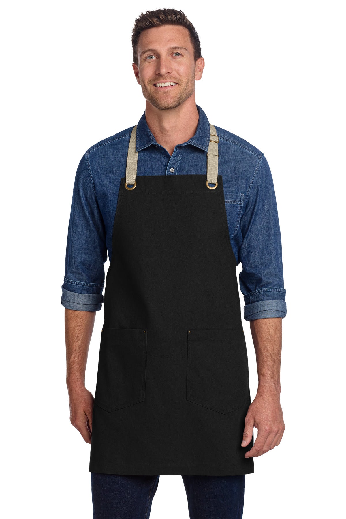 Port Authority Canvas Full-Length Two-Pocket Apron A815 in Black/ Stone