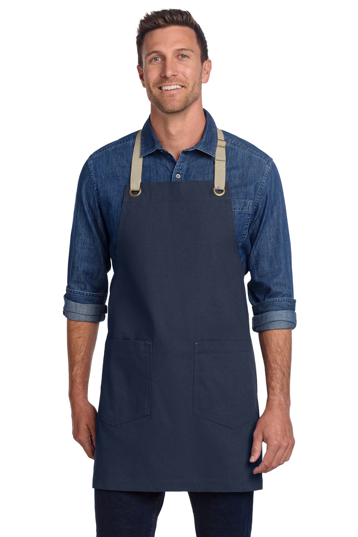 Port Authority Canvas Full-Length Two-Pocket Apron A815 in River Blue Navy/ Stone