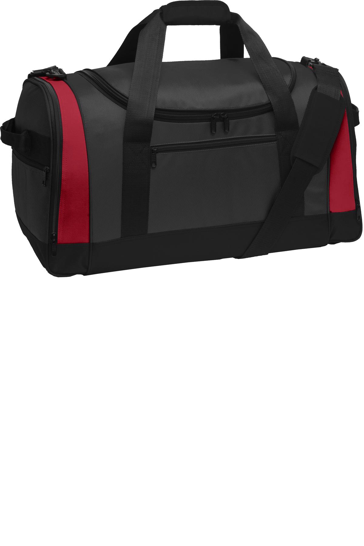 Port Authority Voyager Sports Duffel. BG800 in Dark Grey/ Red
