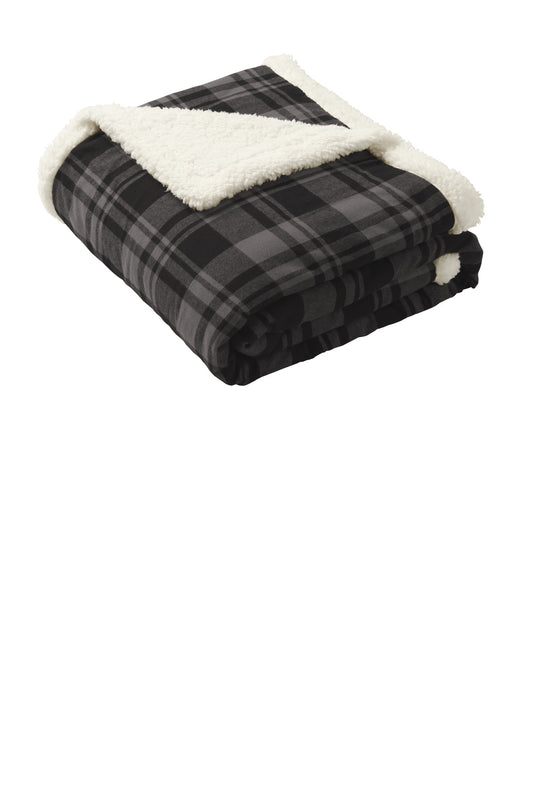 Port Authority  Flannel Sherpa Blanket. BP43 in Black Uneven Plaid