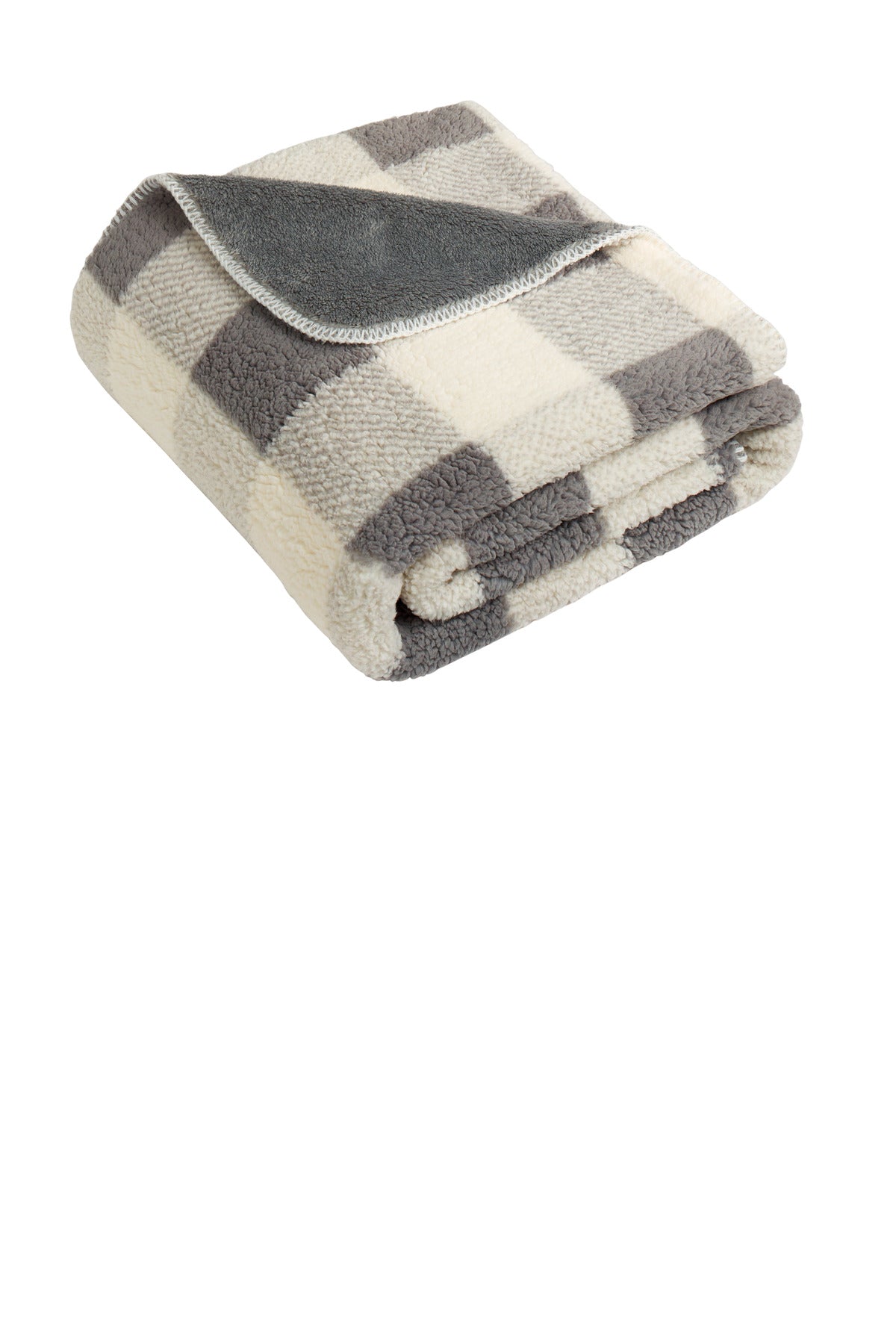 Port Authority Double-Sided Sherpa/Plush Blanket BP48 in Grey/ Marshmallow Buffalo Plaid