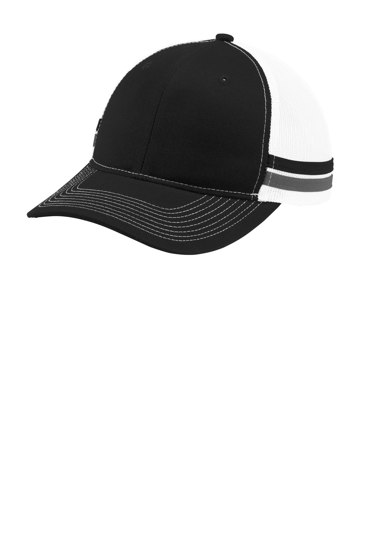 Port Authority  Two-Stripe Snapback Trucker Cap. C113 in Black/ Grey Steel/ White