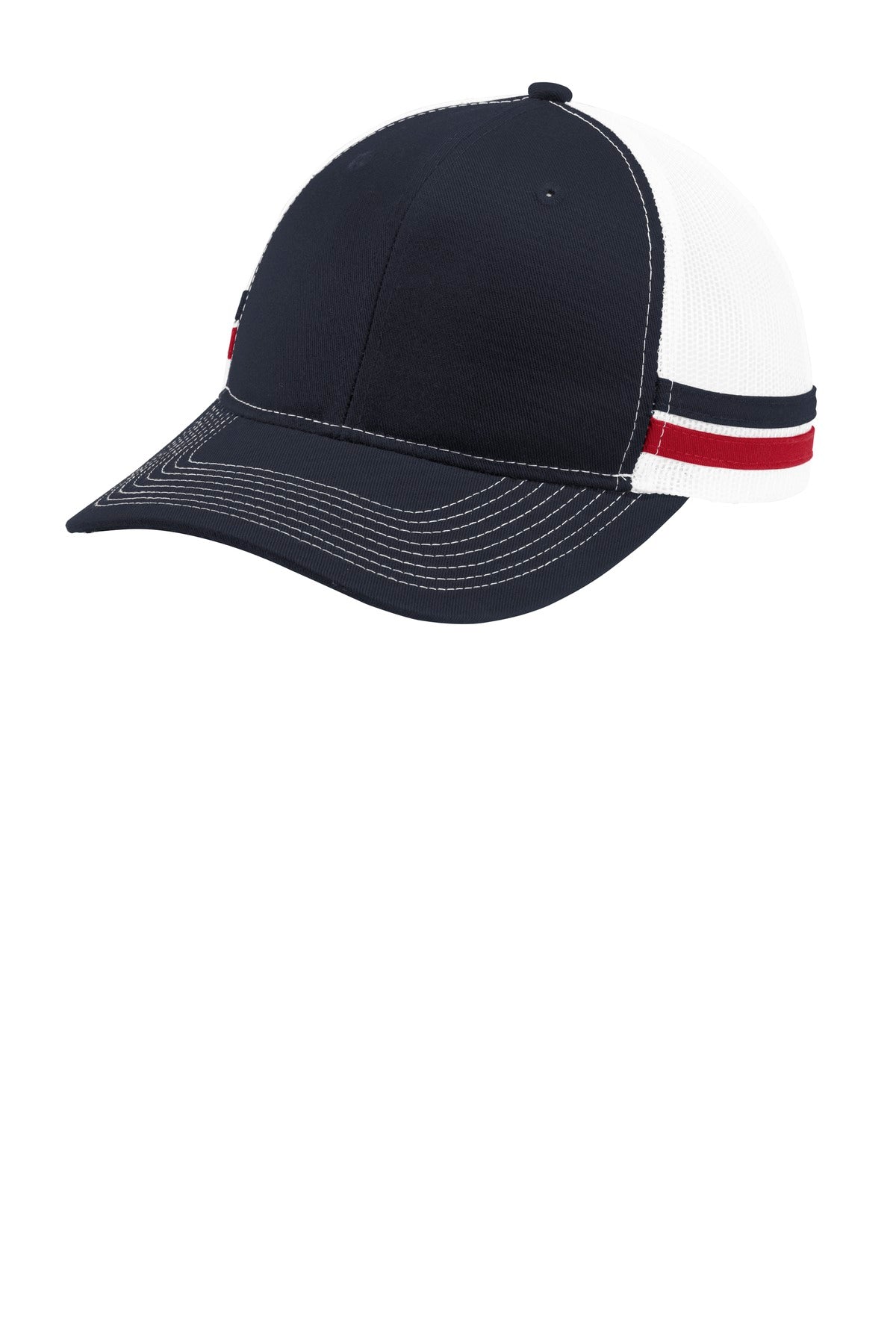 Port Authority  Two-Stripe Snapback Trucker Cap. C113 in Rich Navy/ Flame Red/ White
