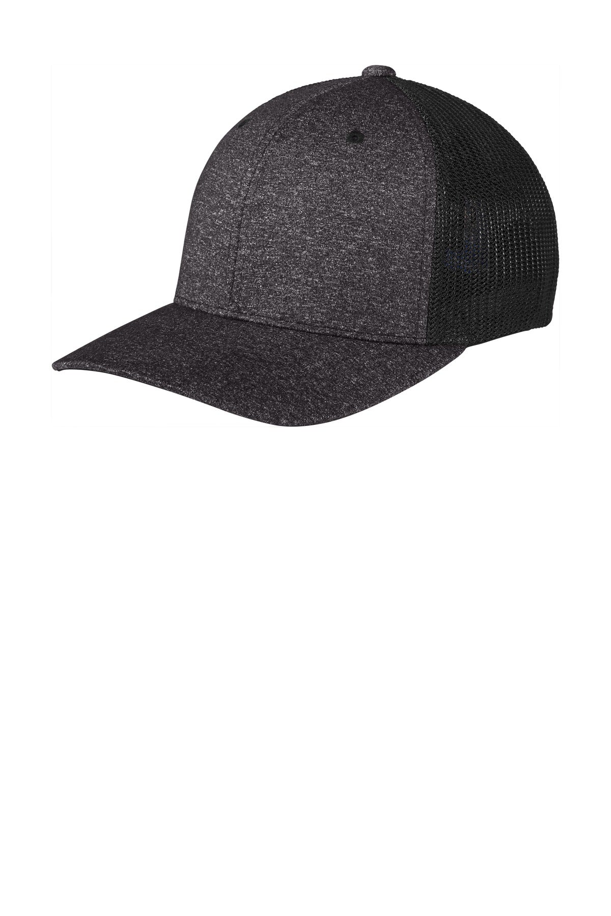 Port Authority  Flexfit  Melange Mesh Back Trucker Cap C302 in Black/ Dark Charcoal Heather