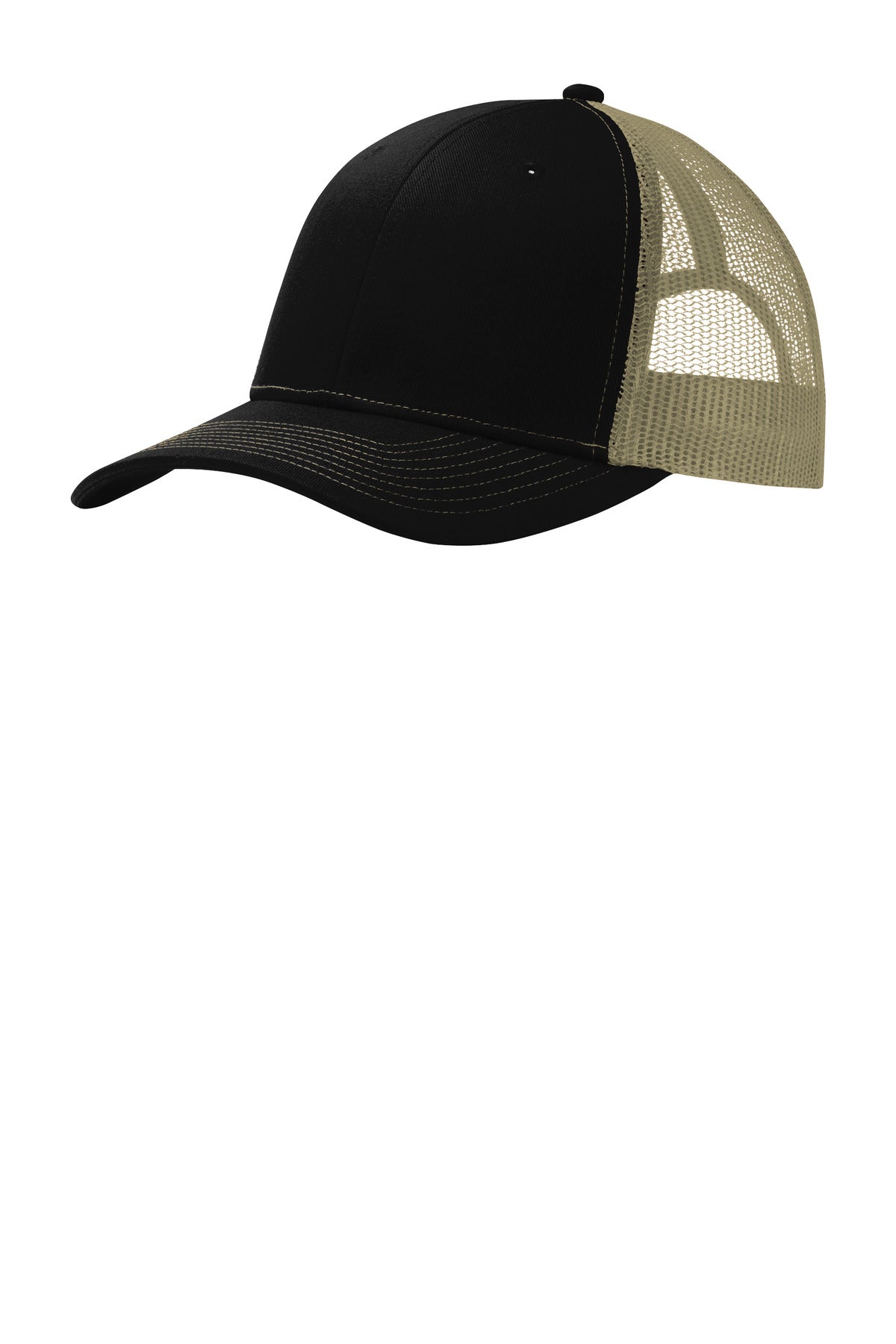 Port Authority Snapback Trucker Cap. C402 in Black/ Tan