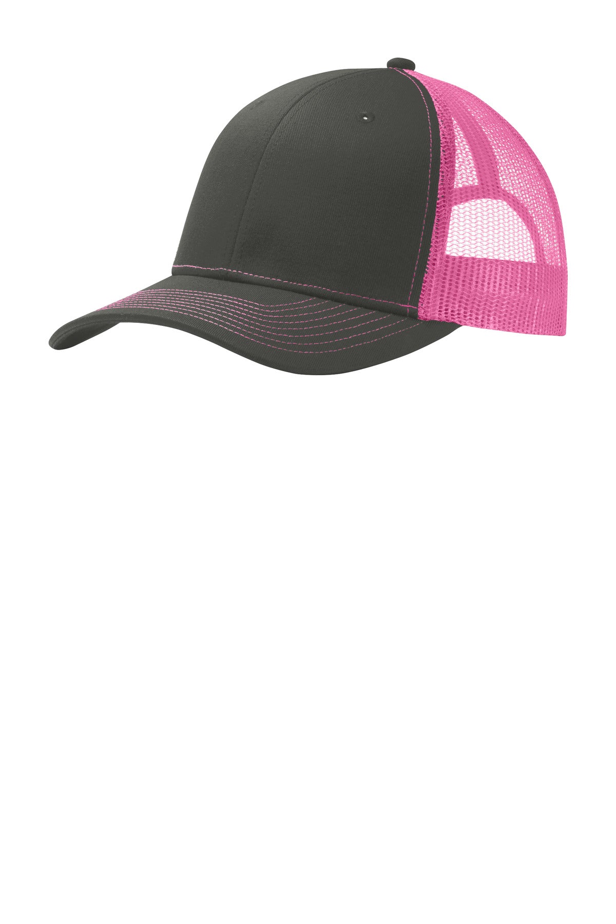 Port Authority Snapback Trucker Cap. C402 in Grey Steel/ Neon Pink