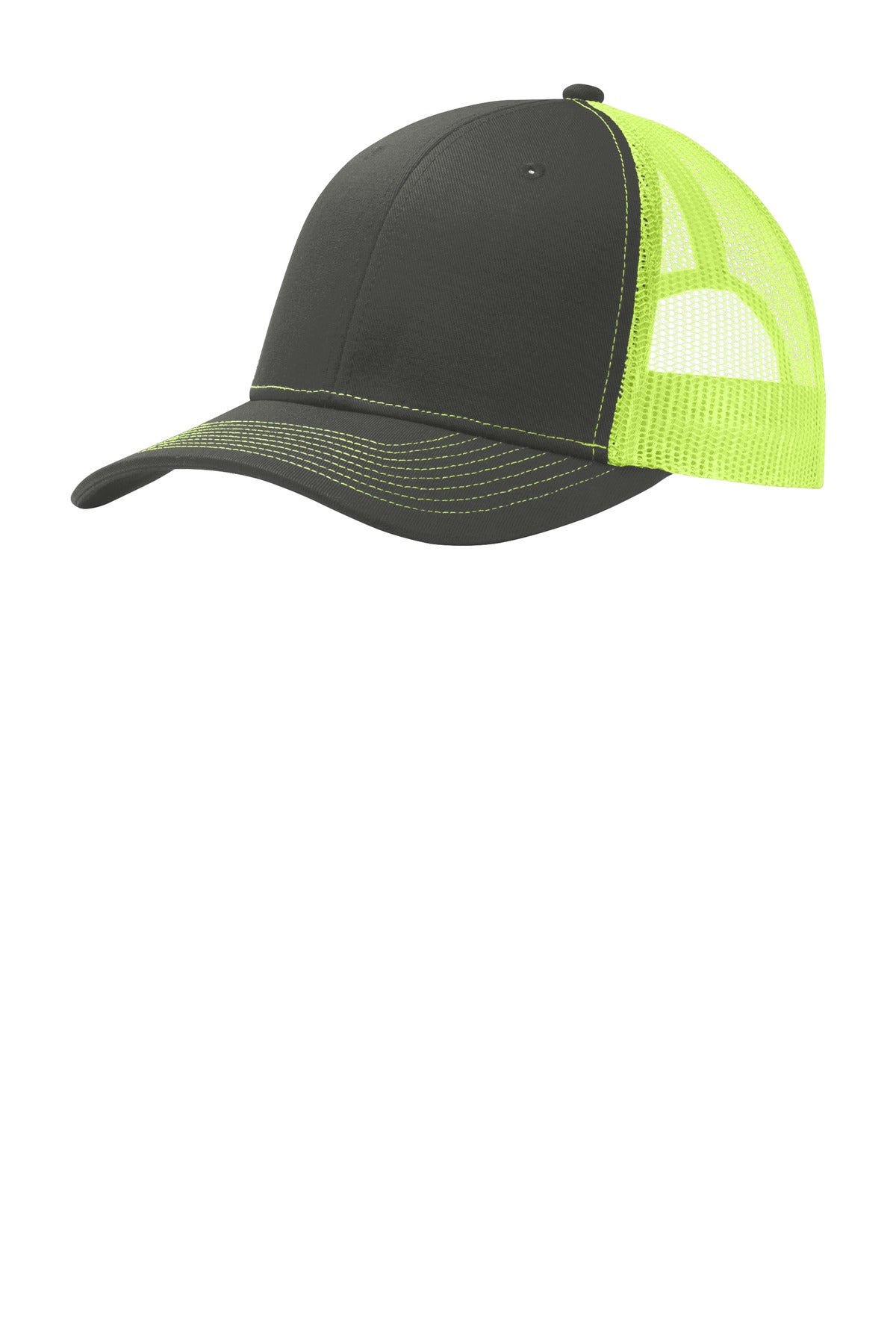 Port Authority Snapback Trucker Cap. C402 in Grey Steel/ Neon Yellow