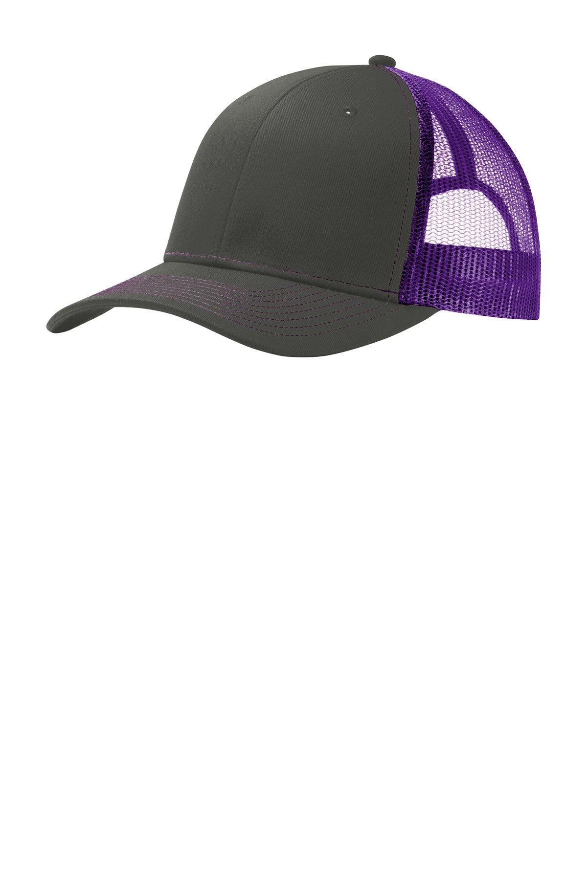 Port Authority Snapback Trucker Cap. C402 in Grey Steel/ Purple