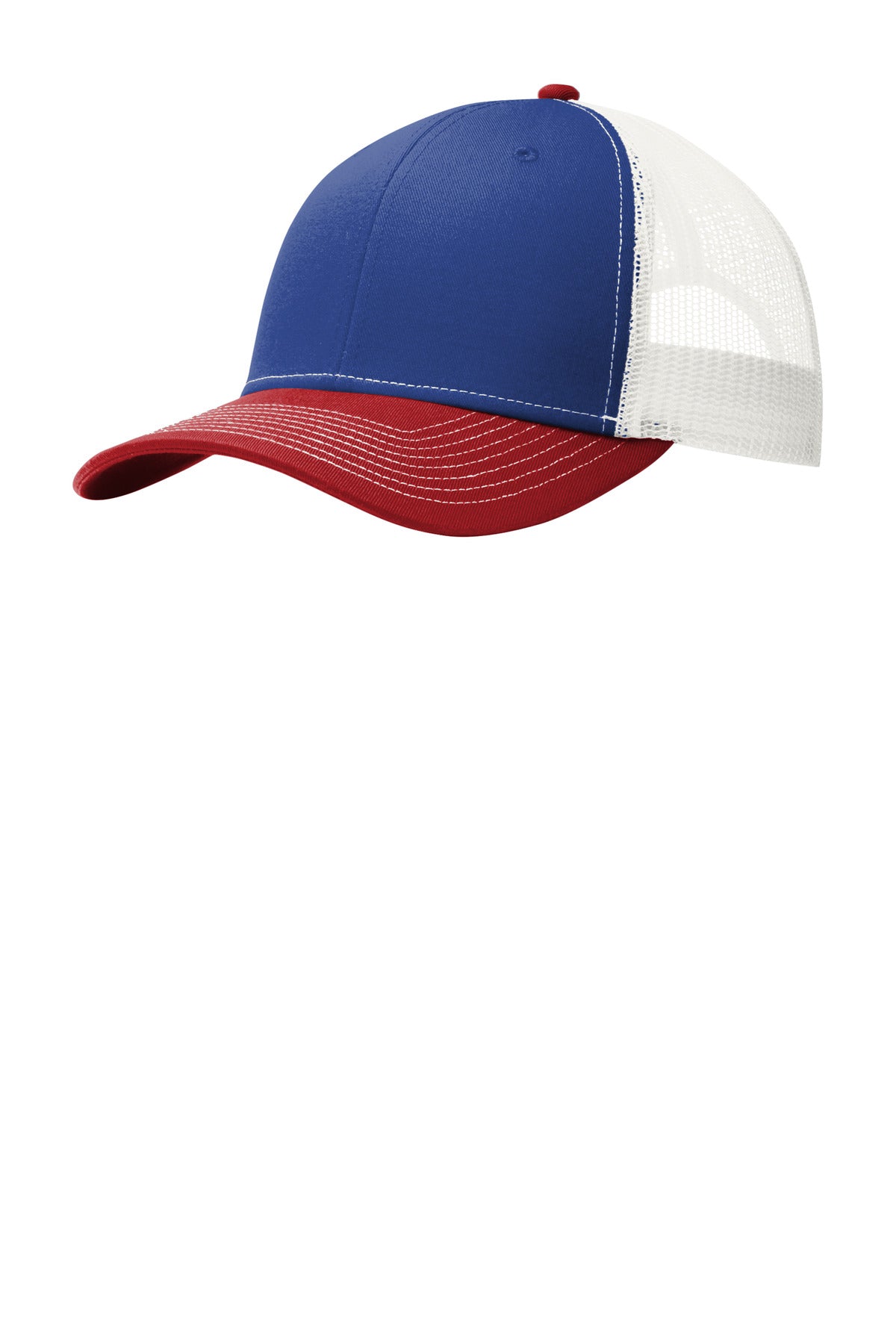 Port Authority Snapback Trucker Cap. C402 in Patriot Blue/ Flame Red/ White