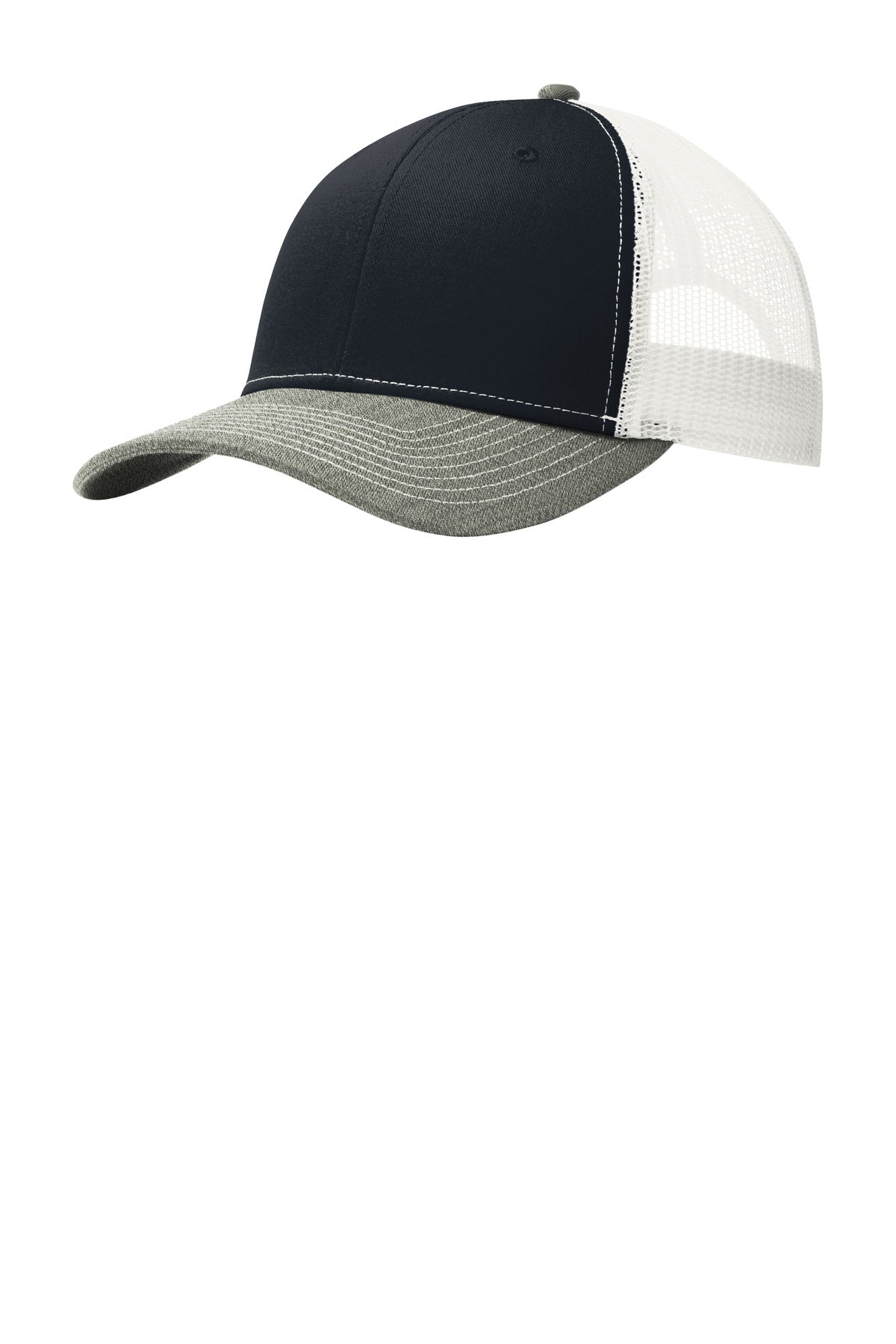 Port Authority Snapback Trucker Cap. C402 in Rich Navy/ Heather Grey/ White