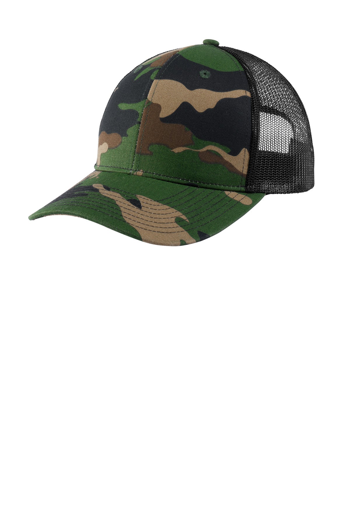 Port Authority Snapback Trucker Cap. C402 in Woodland Camo/ Black