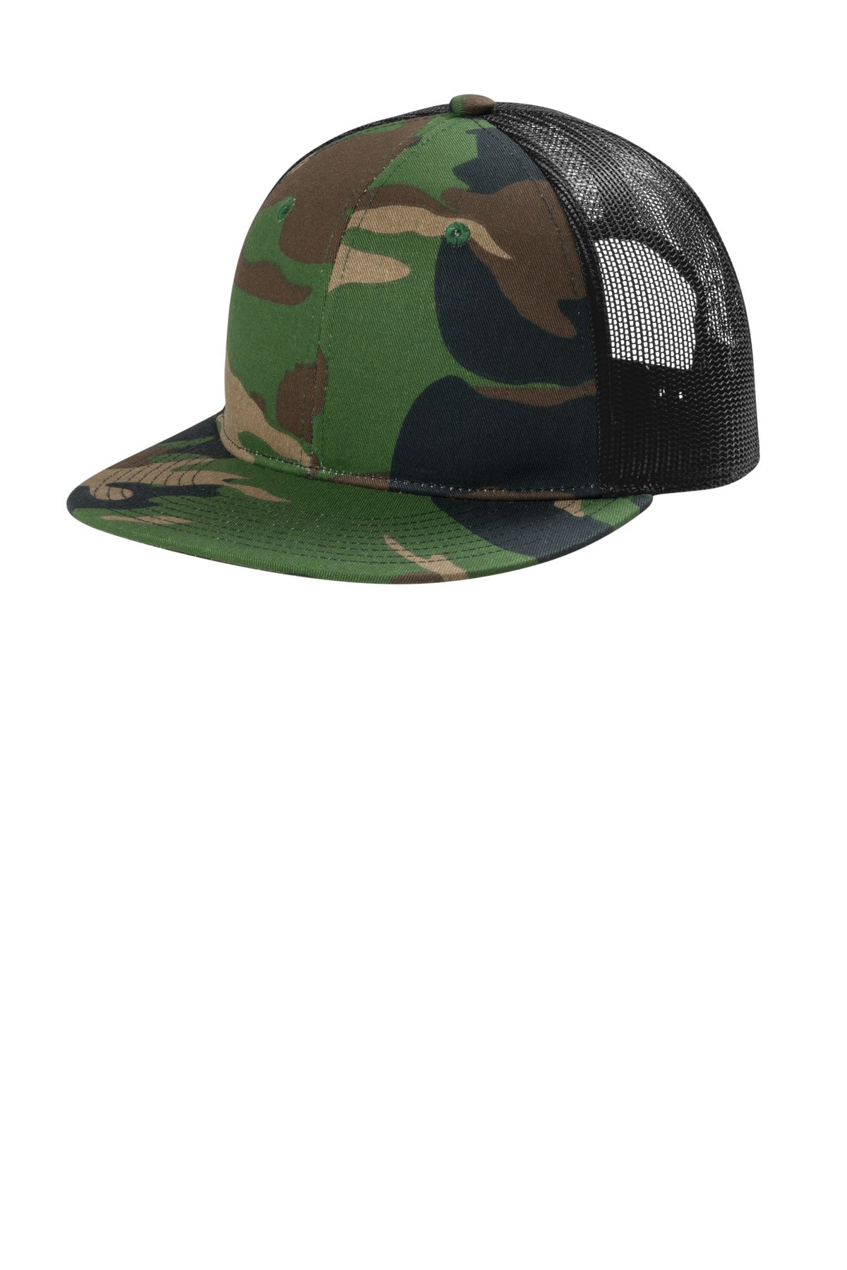 Port Authority Snapback Flat Bill Trucker Cap C407 in Woodland Camo/ Black