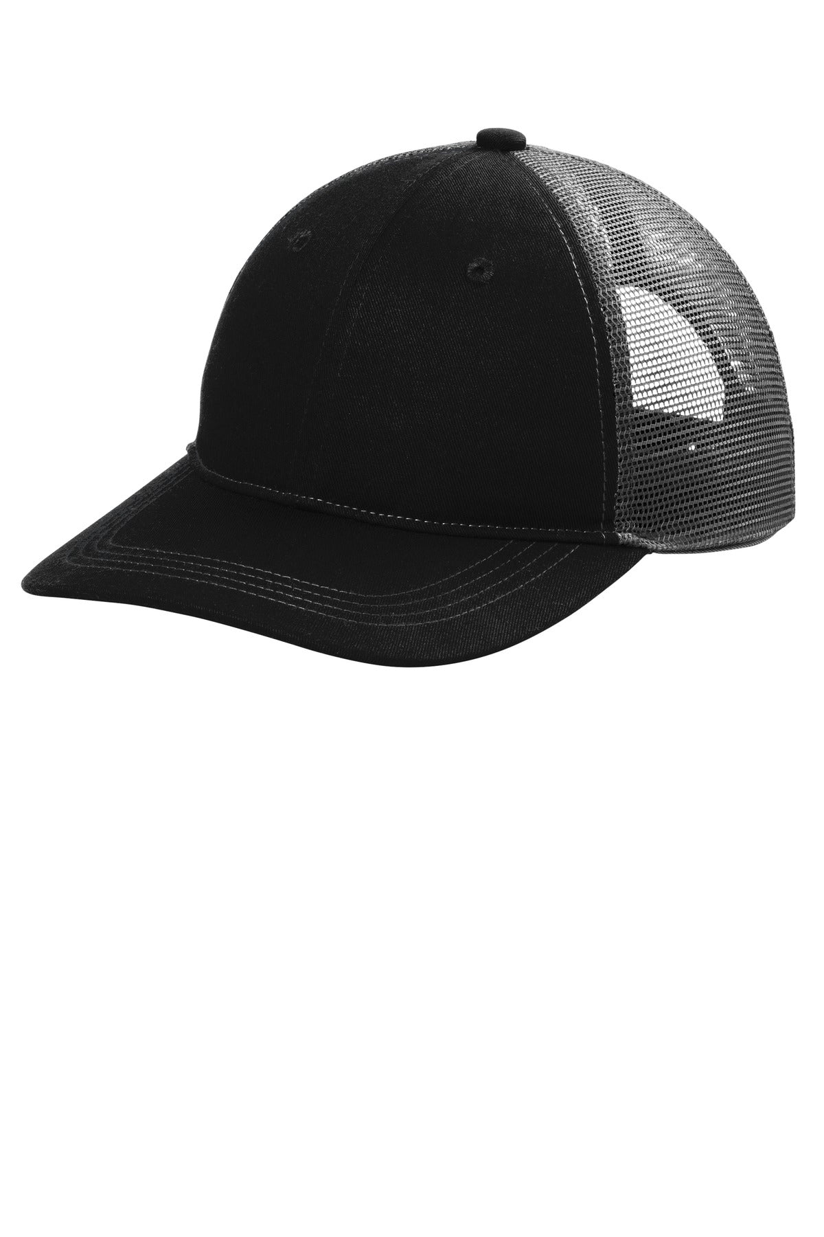 Port Authority Unstructured Snapback Trucker Cap C409 in Black/ Grey Steel
