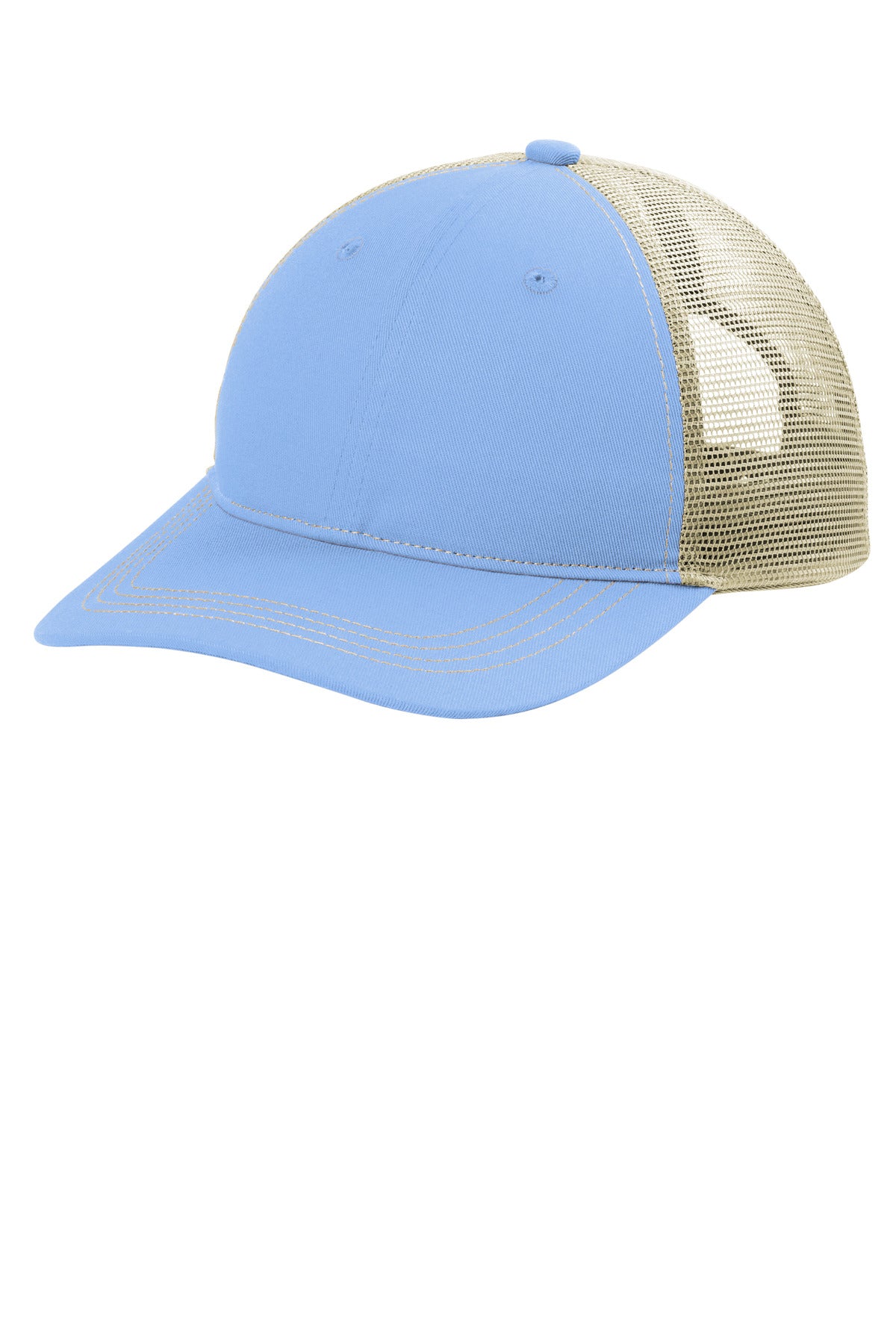 Port Authority Unstructured Snapback Trucker Cap C409 in Carolina Blue/ Tan