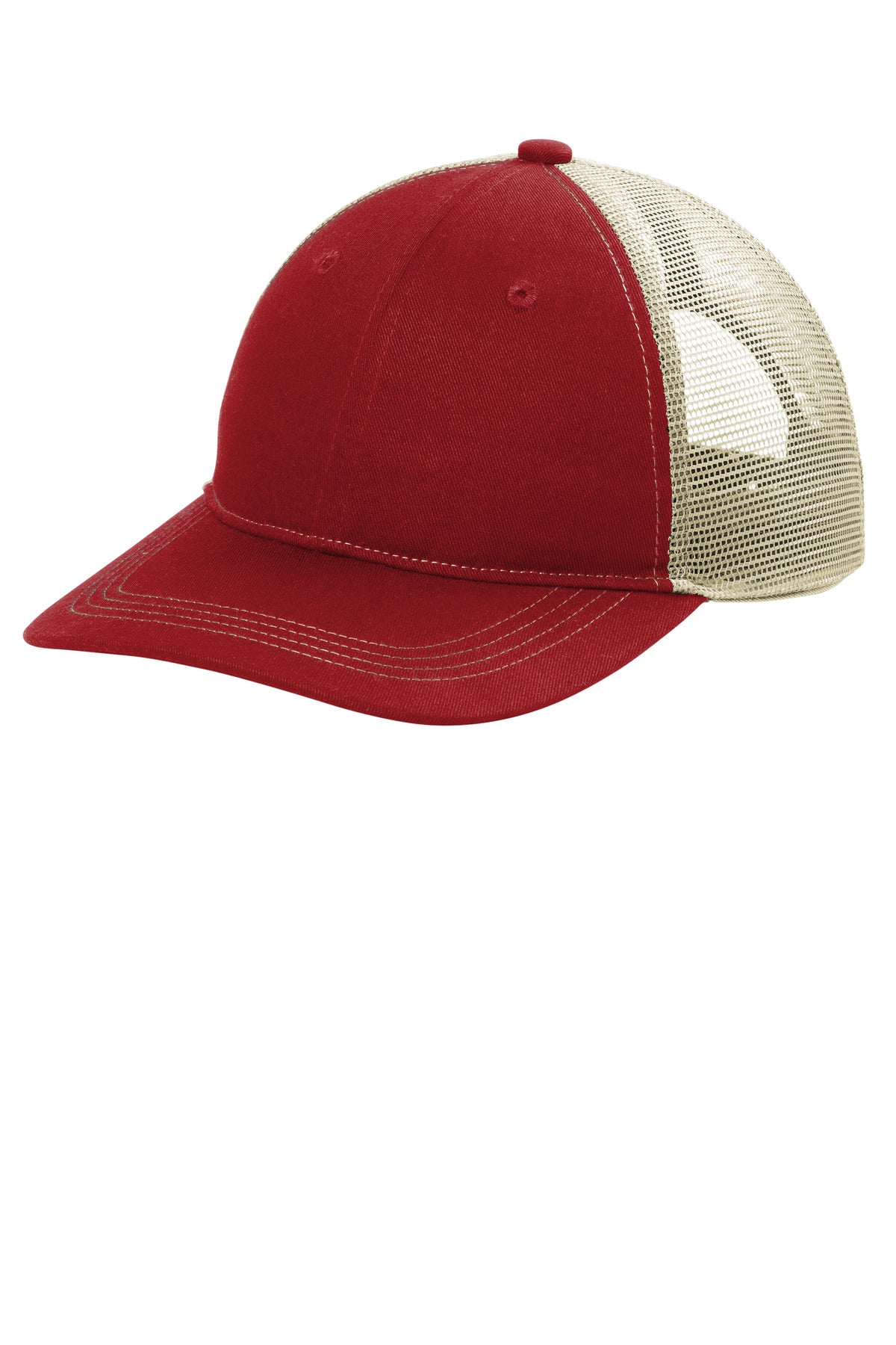 Port Authority Unstructured Snapback Trucker Cap C409 in Flame Red/ Tan