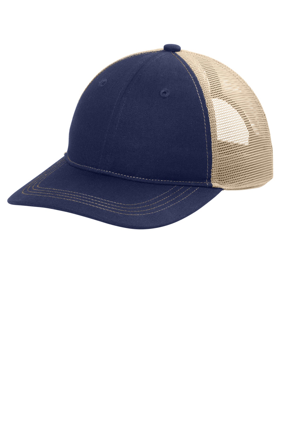 Port Authority Unstructured Snapback Trucker Cap C409 in True Navy/ Tan