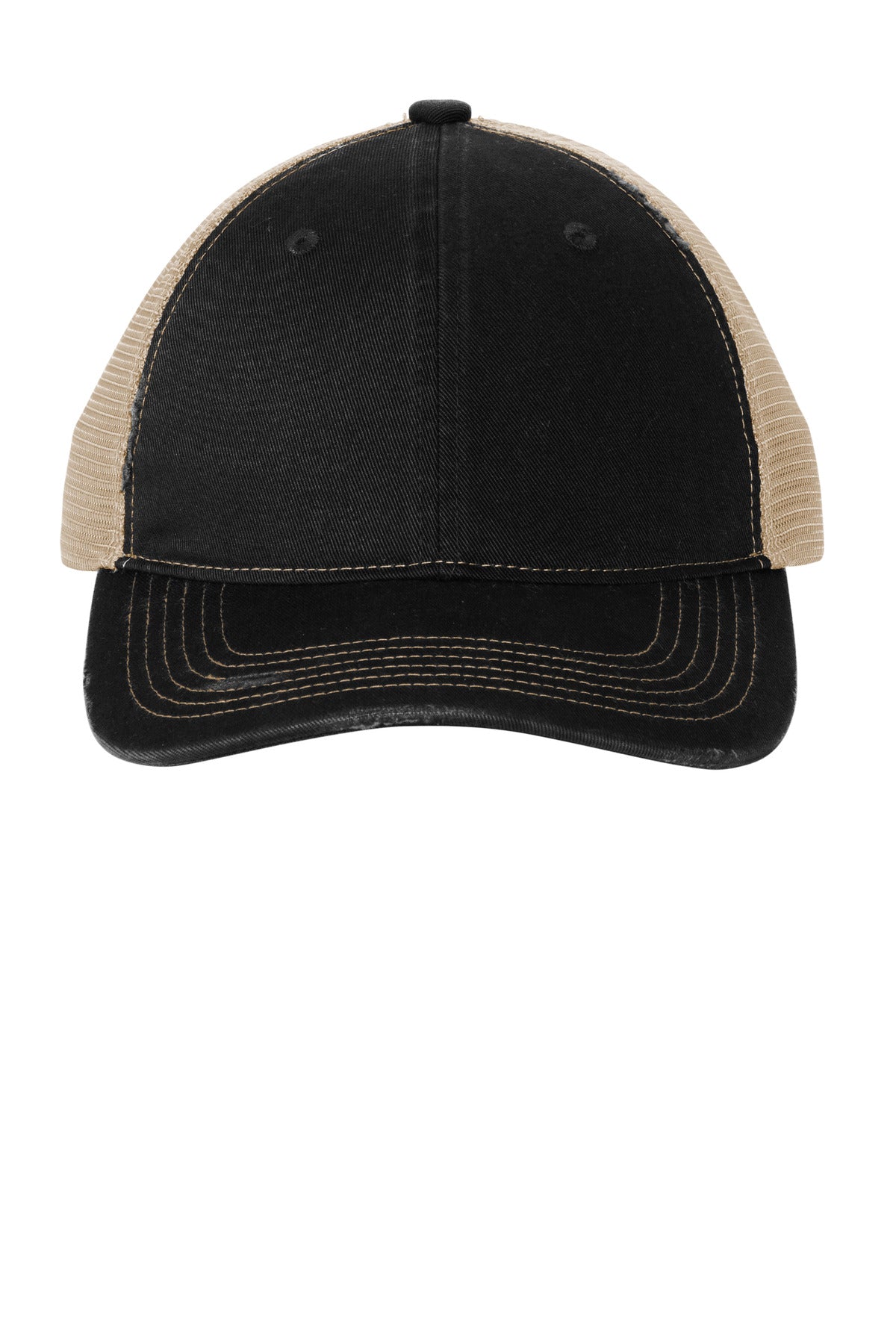 Port Authority Distressed Mesh Back Cap C600 in Black/ Khaki