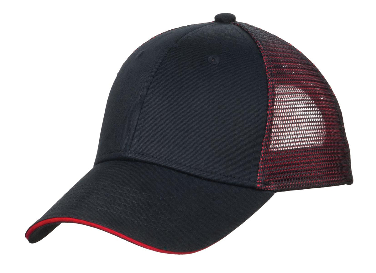 Port Authority Double Mesh Snapback Sandwich Bill Cap. C818 in Black/ Red