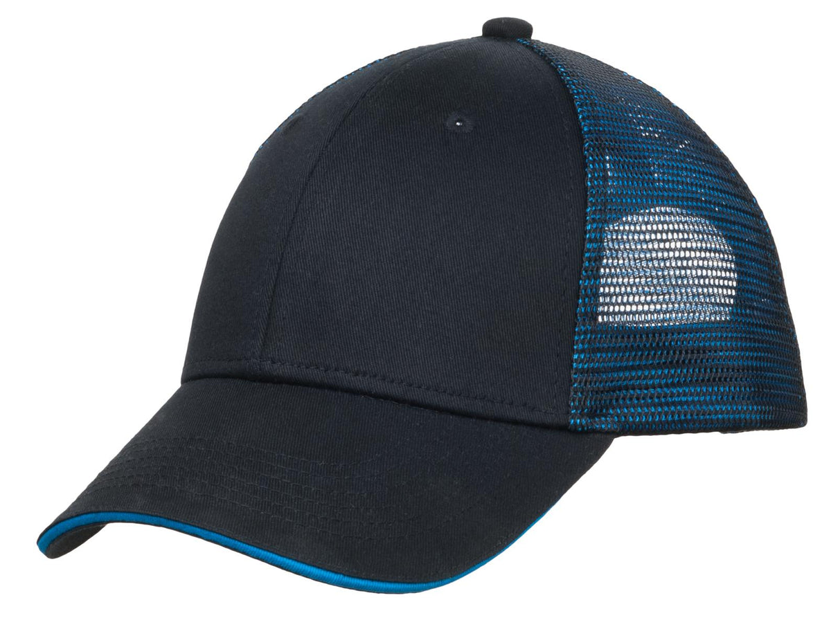 Port Authority Double Mesh Snapback Sandwich Bill Cap. C818 in Black/ Shock Blue