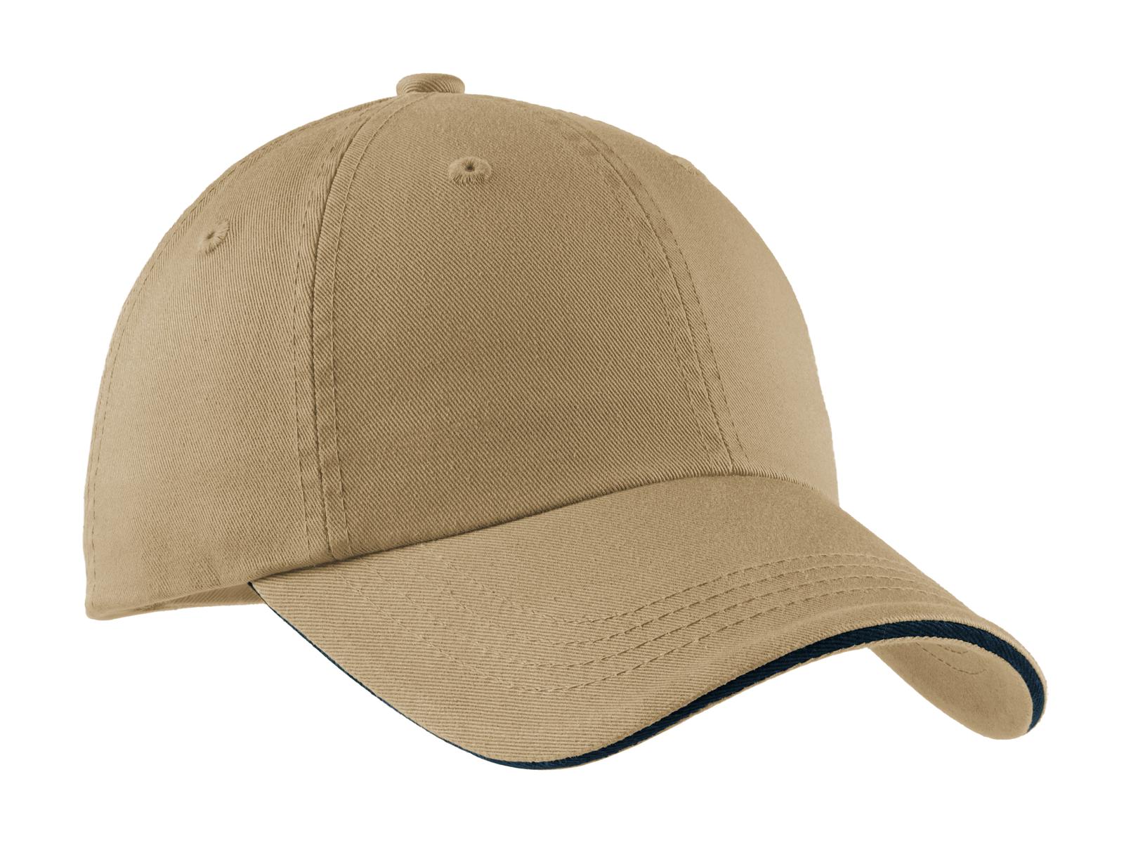 Port Authority Sandwich Bill Cap with Striped Closure.  C830 in Khaki/ Charcoal Blue