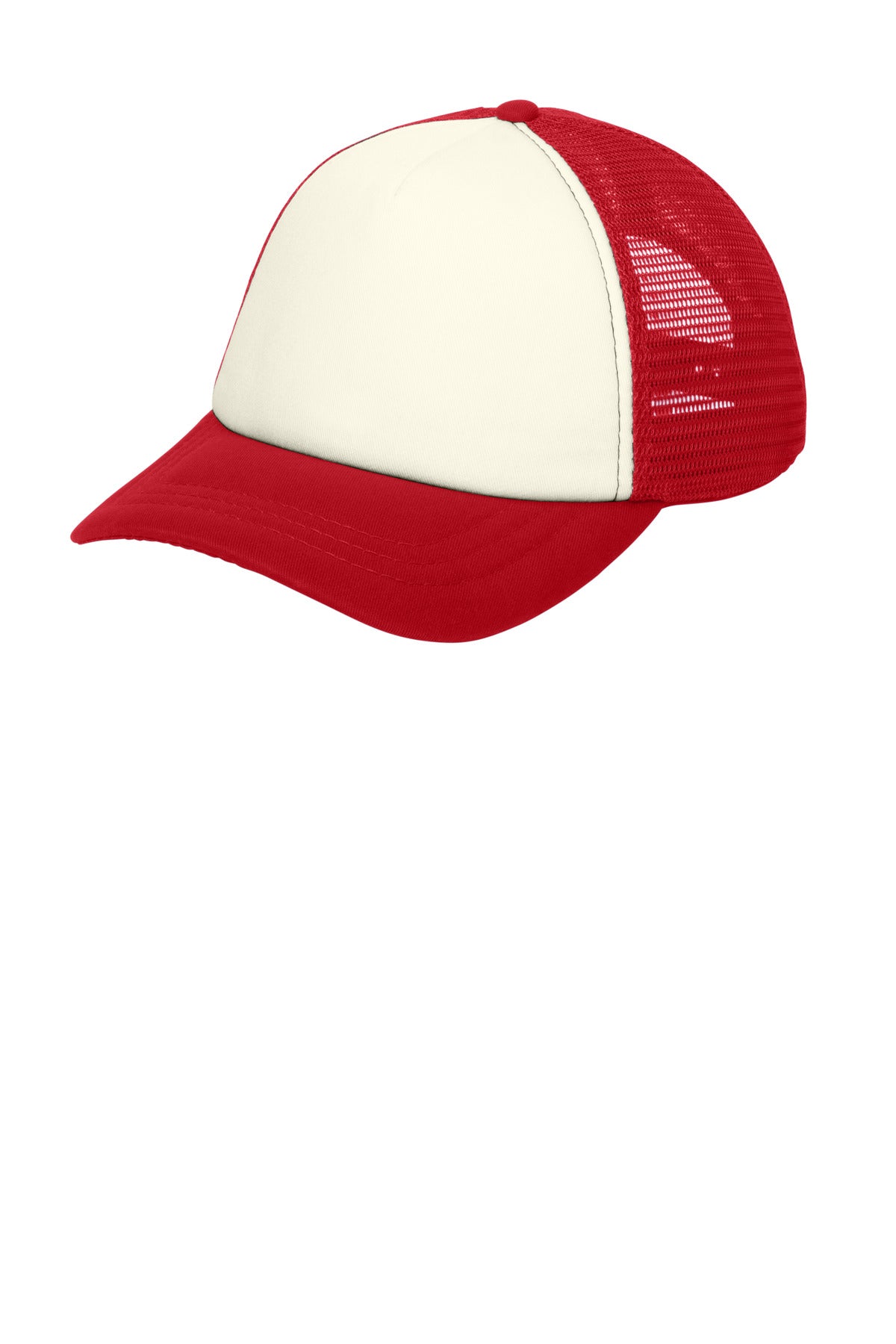 Port Authority  5-Panel Twill Foam Trucker Cap. C936 in Ivory/ Red