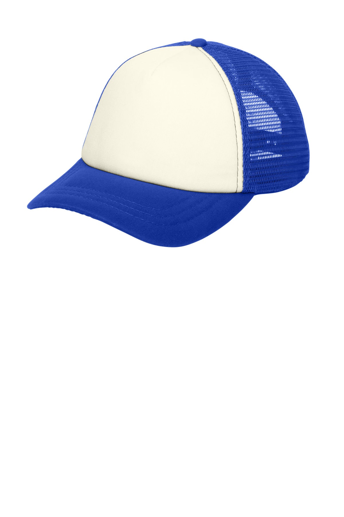 Port Authority  5-Panel Twill Foam Trucker Cap. C936 in Ivory/ Royal