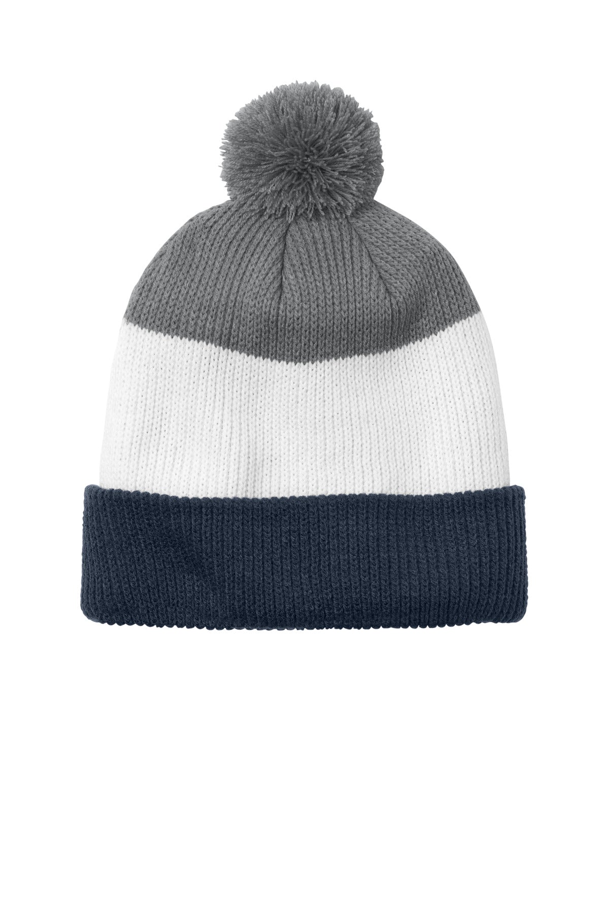 Port Authority Cozy Striped Pom Beanie C979 in River Blue Navy/ Marshmallow/ Gusty Grey