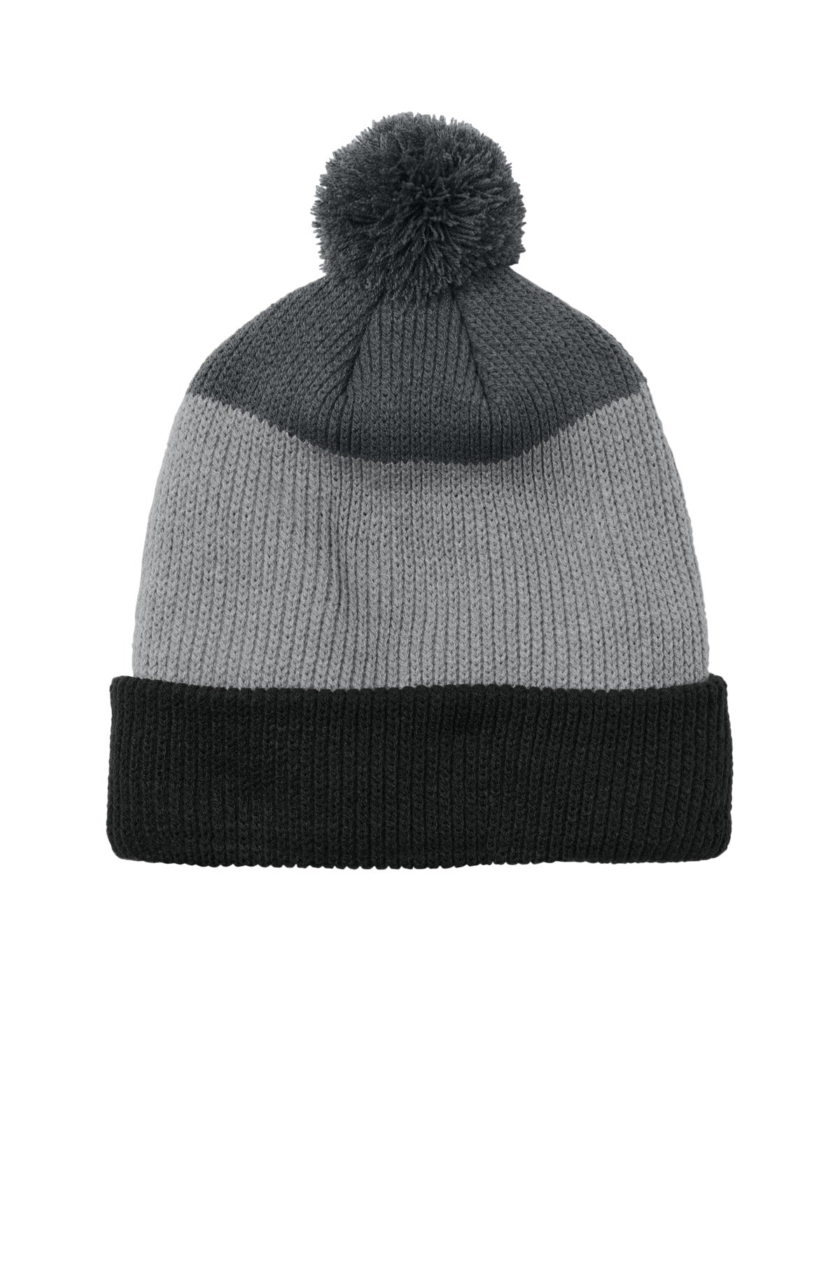Port Authority Cozy Striped Pom Beanie C979 in Deep Black/ Gusty Grey/ Storm Grey
