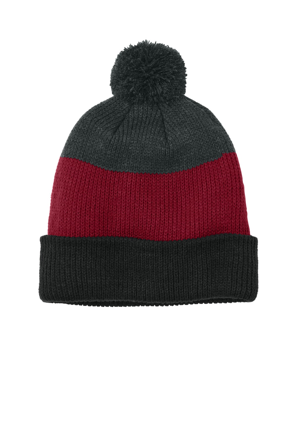 Port Authority Cozy Striped Pom Beanie C979 in Deep Black/ Rich Red/ Charcoal Heather