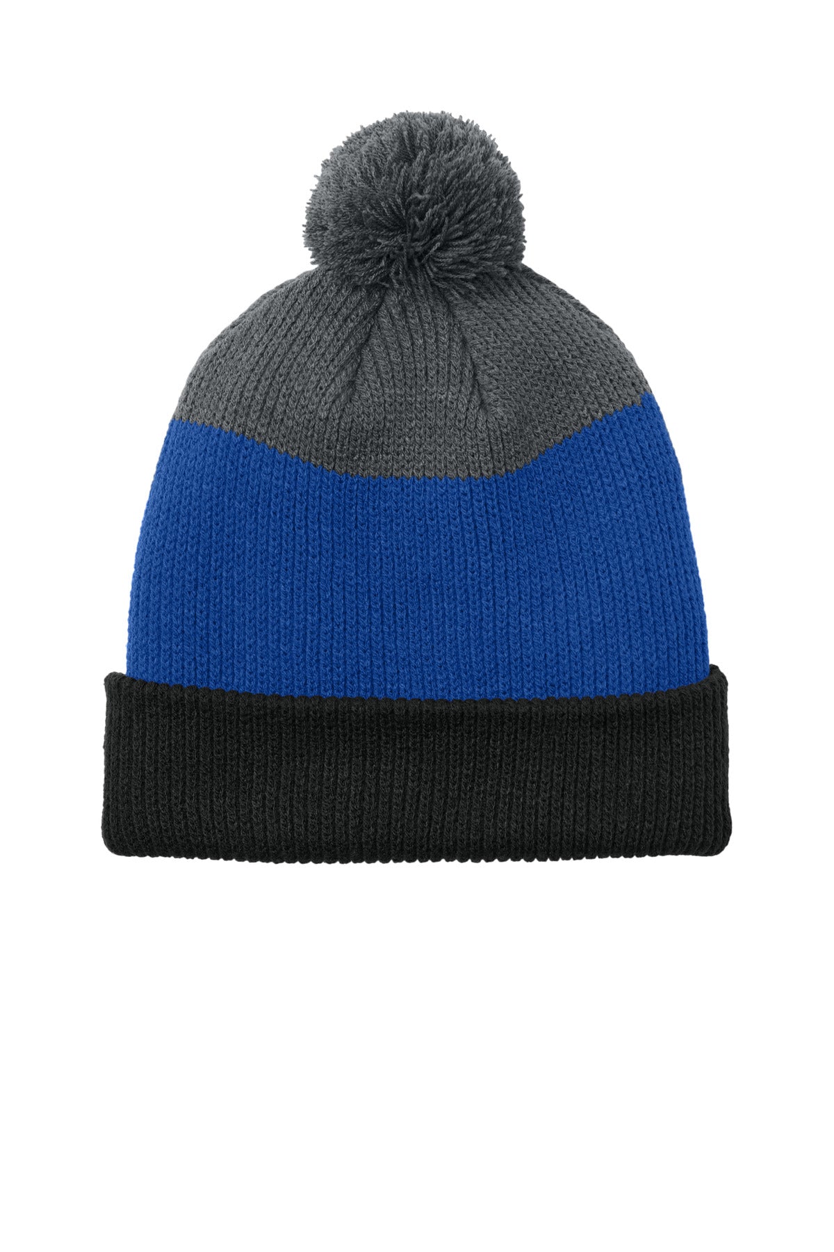Port Authority Cozy Striped Pom Beanie C979 in Deep Black/ True Royal/ Storm Grey