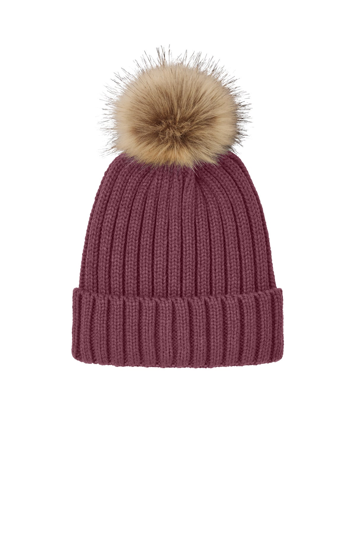 Port Authority Faux Fur Pom Beanie C990 in Rosewood