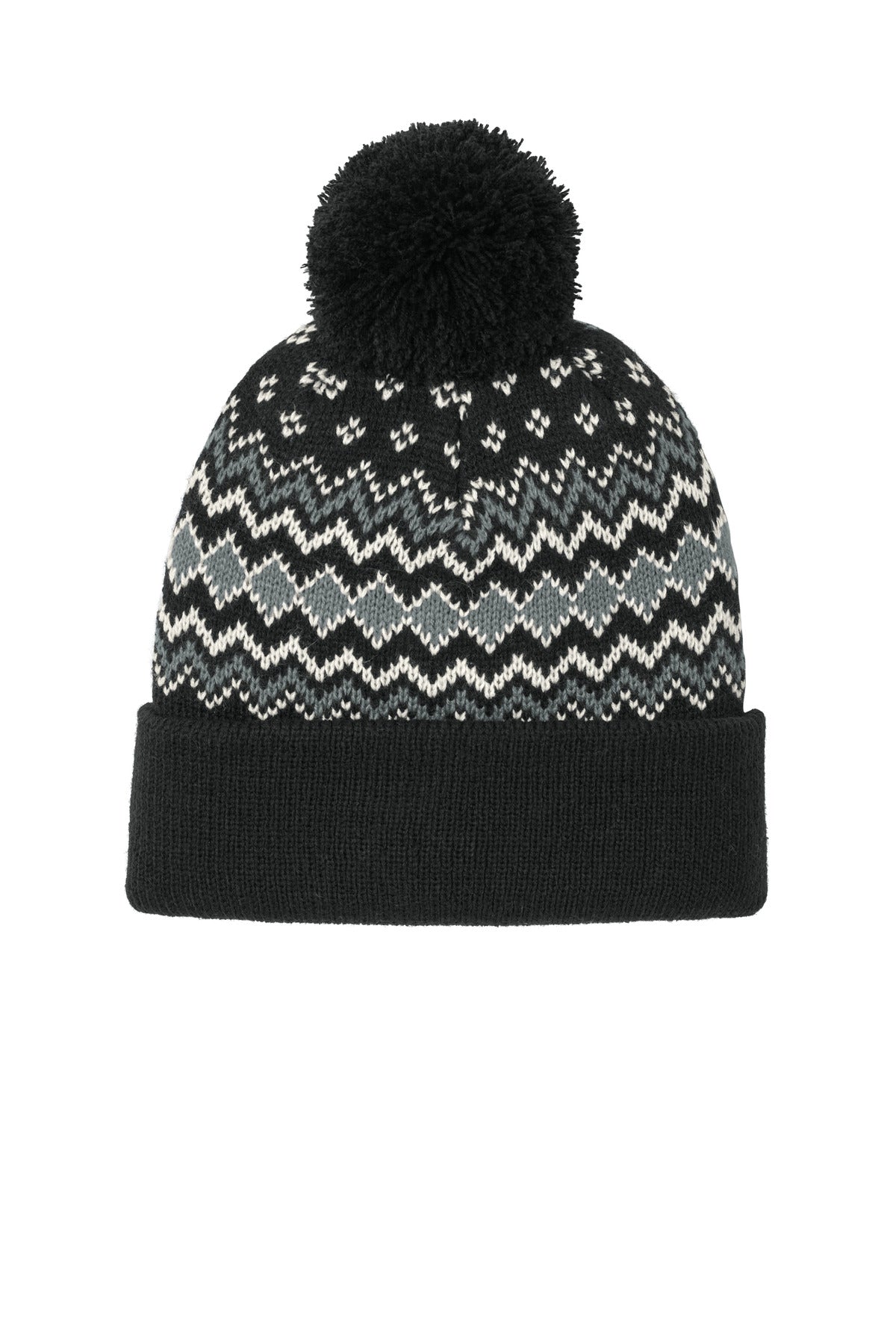 Port Authority Alpine Pom Beanie C991 in Deep Black/ Gusty Grey/ Marshmallow