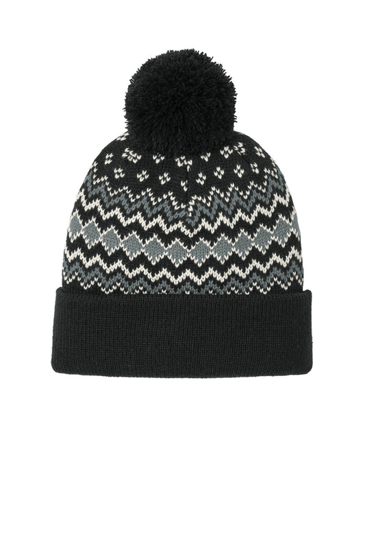 Port Authority Alpine Pom Beanie C991 in Deep Black/ Gusty Grey/ Marshmallow