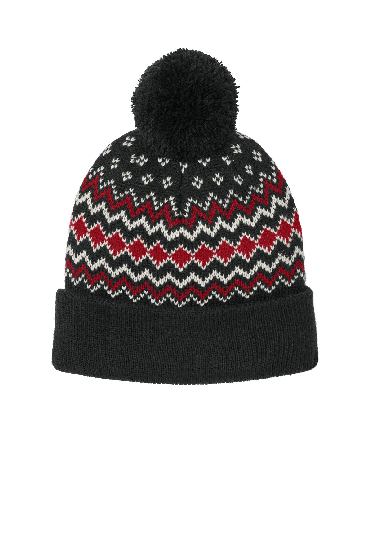 Port Authority Alpine Pom Beanie C991 in Deep Black/ Rich Red/ Marshmallow