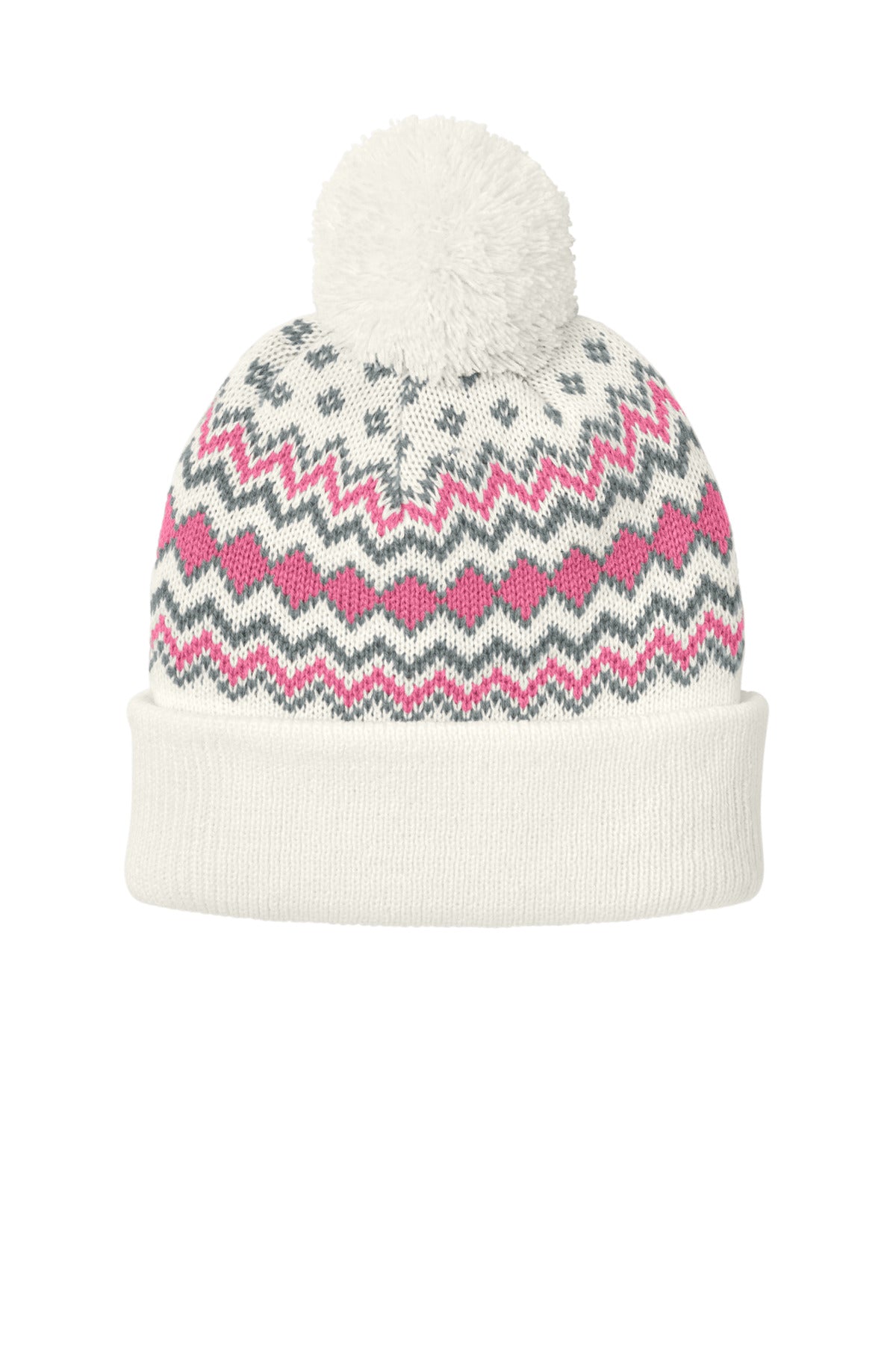 Port Authority Alpine Pom Beanie C991 in Marshmallow/ Awareness Pink/ Gusty Grey